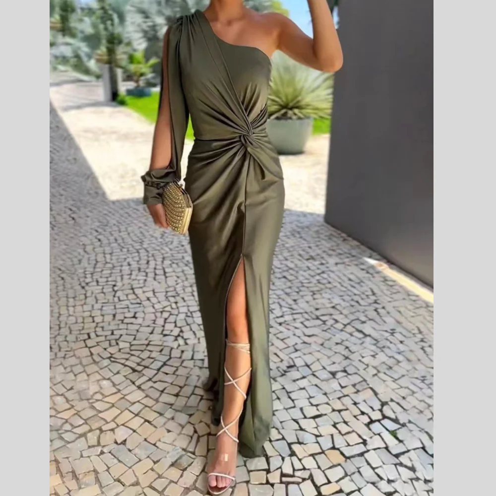 Full Size One-Shoulder Knot Detail Slit Maxi Dress Plus Size - ZKZOOK