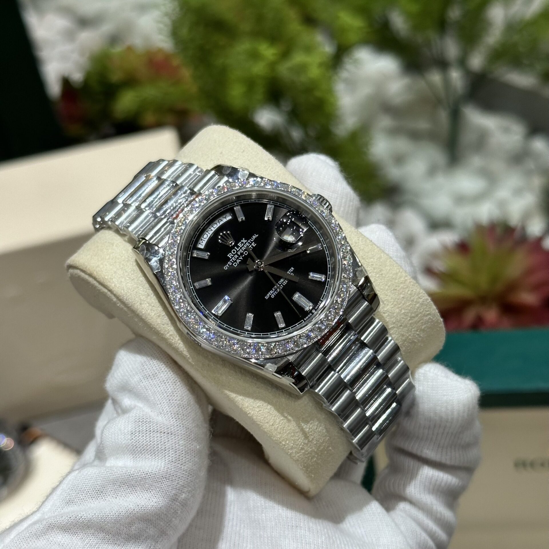 Rolex Replica Watch Day-Date 228236 Moissanite Diamond Black Dial 168gram GM V3 40mm - Elite Watch Atelier