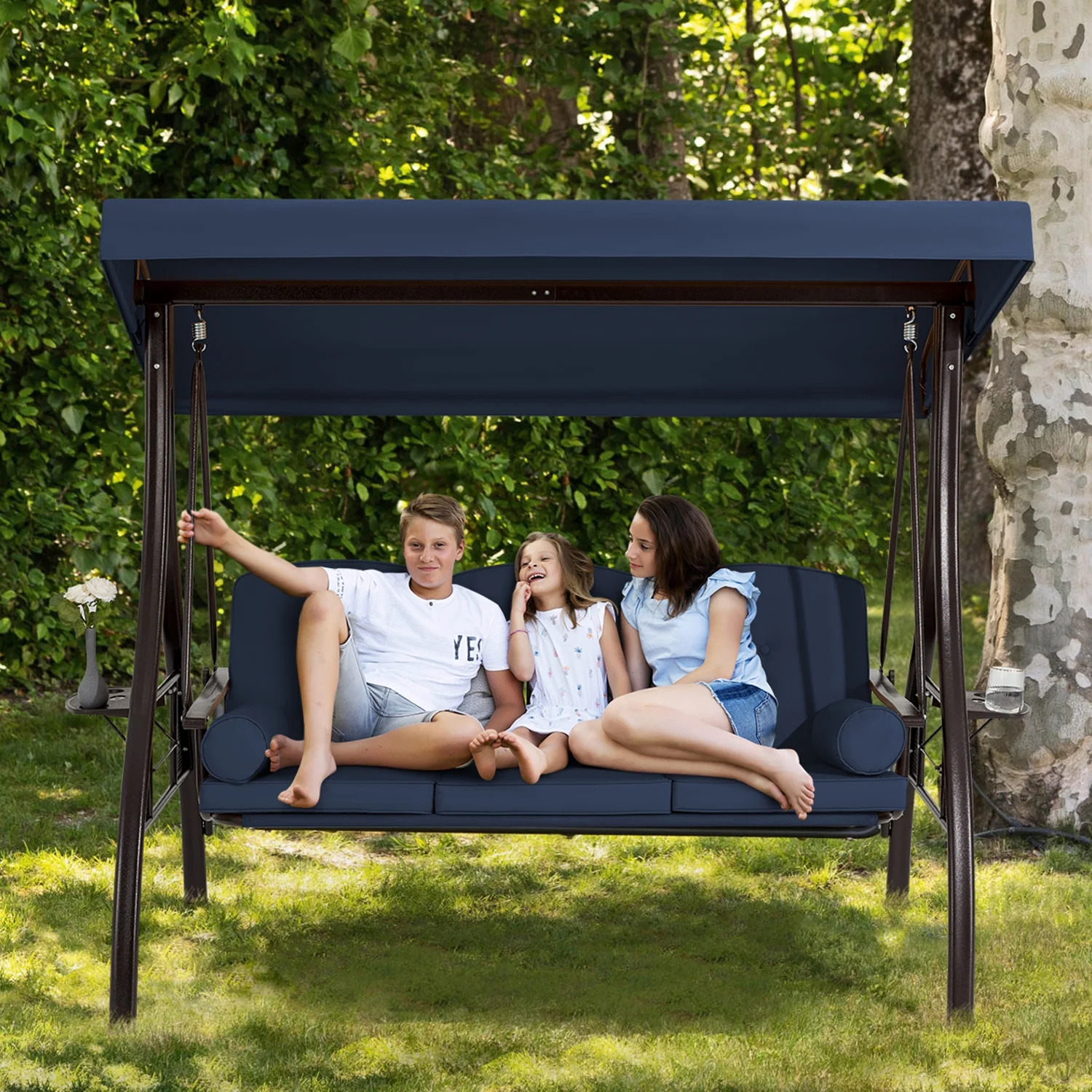 Homrest 3 Person Patio Outdoor Porch Swing with Adjustable Canopy, Backrest, Swing Bed with Stand for Garden,Deck - Image 34