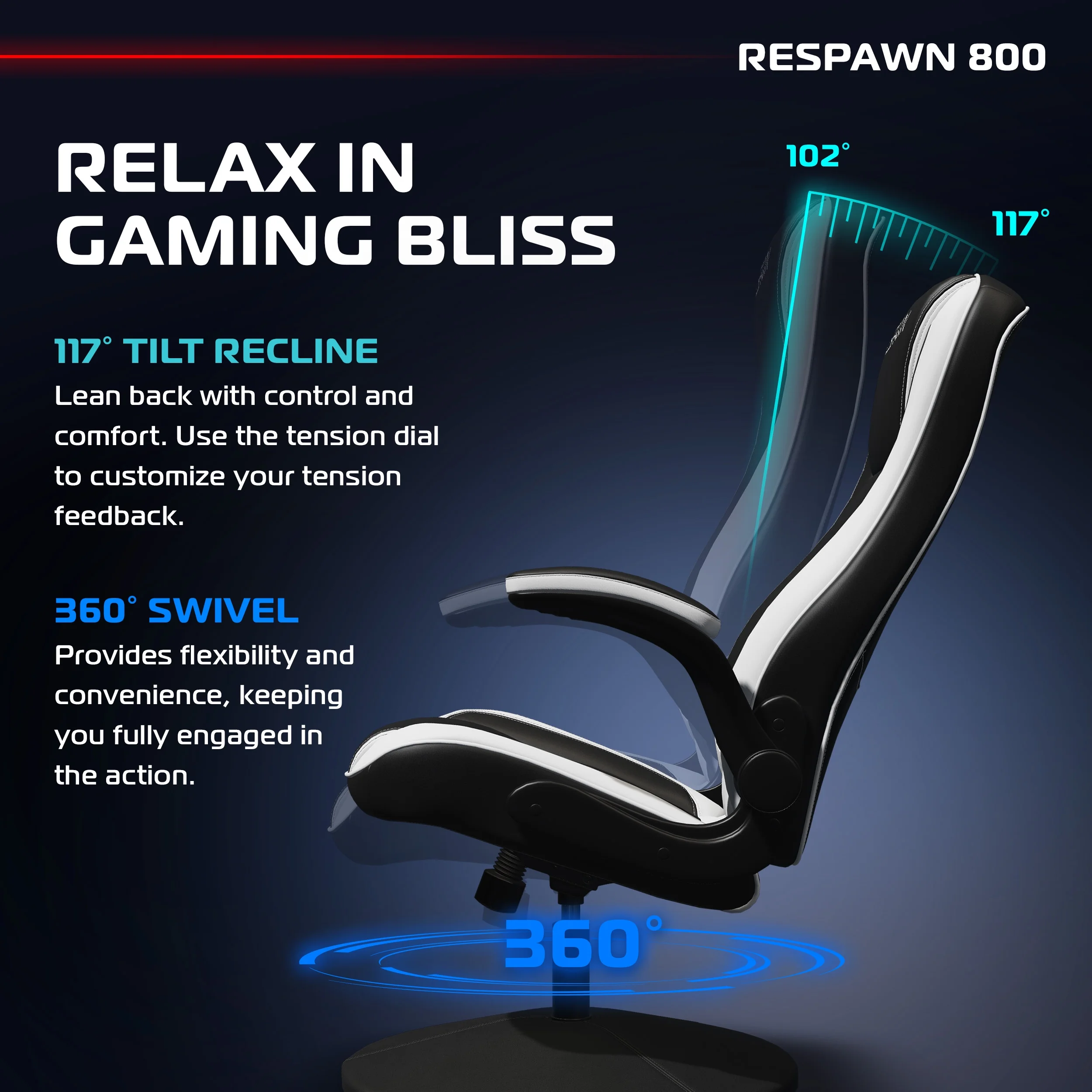 RESPAWN 800 Swivel Rocker Gaming Chair - Ergonomic Floor Gaming Seat with Lumbar Support, Flip Up Armrest, High Back, Pedestal Base, Comfortable No Wheels Console Video Game Rocker Chair - Red - Image 39
