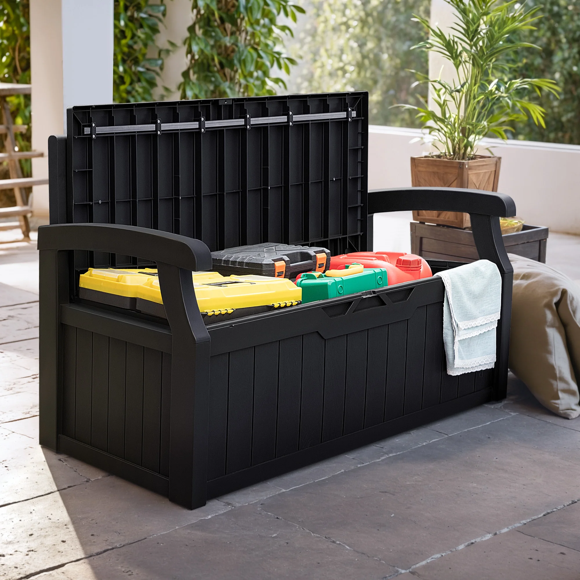 Homall 80 Gallon Plastic Storage Bench Made Of Durable Weatherproof Resin And Deck-Box Organized Storage Compartment For Outdoor Patios And Lawns,Black - Image 4