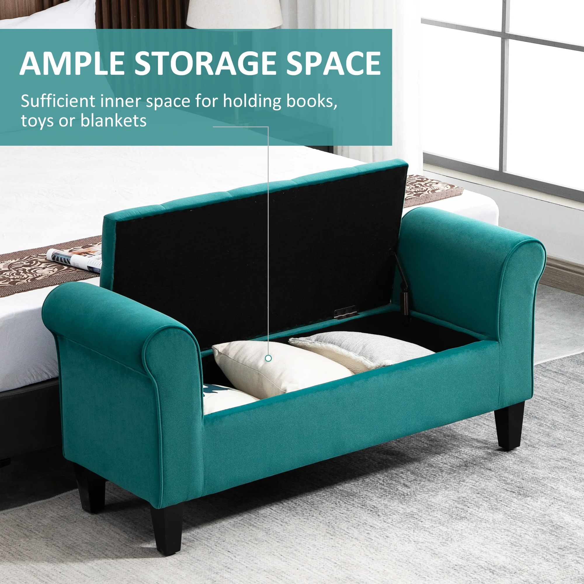 HOMCOM Button-Tufted Storage Ottoman Bench, Upholstered Bench with Rolled Armrests for Living Room or Hallway, Blue - Image 13