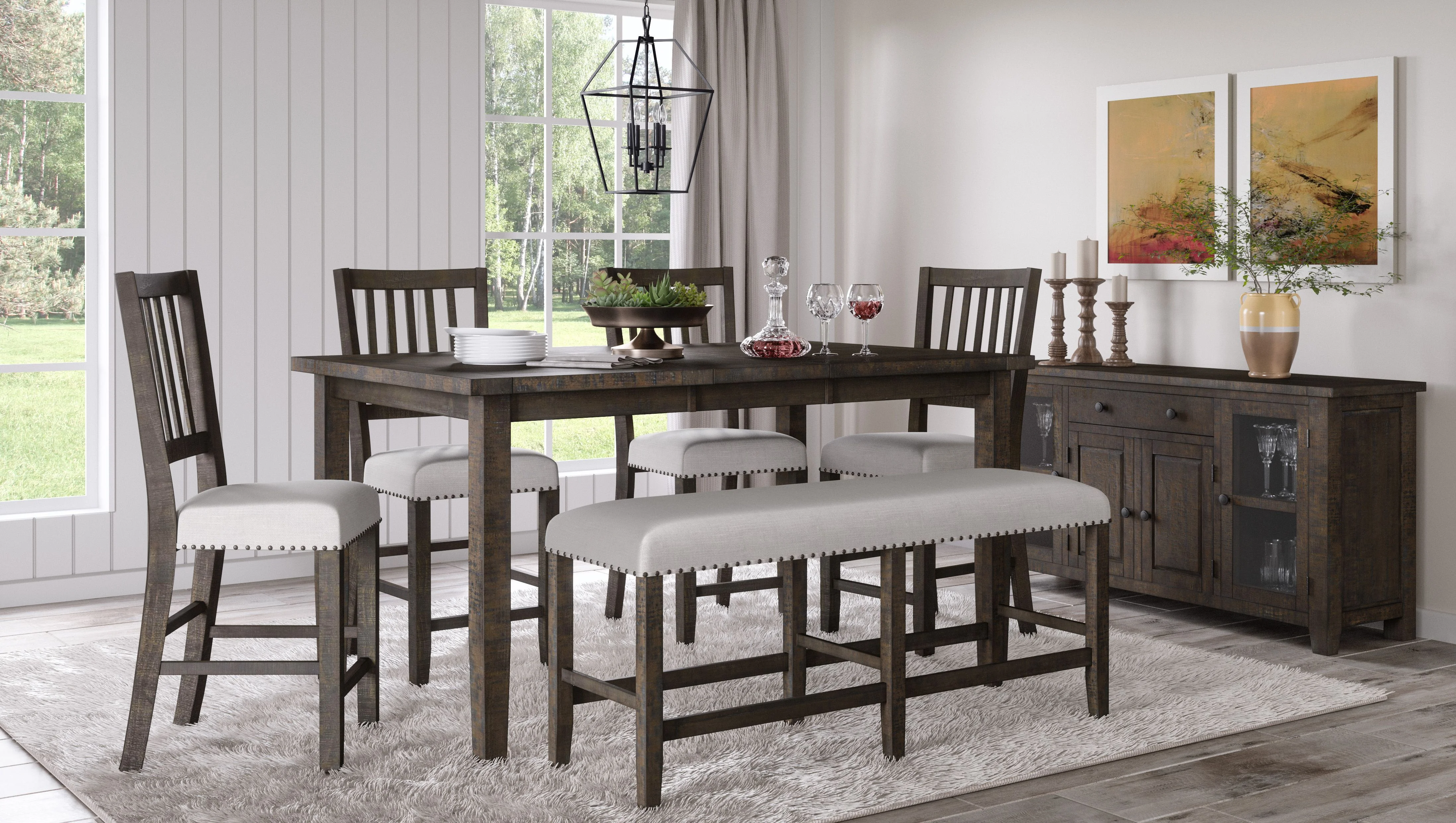 Jofran Willow Creek Distressed Solid Pine Upholstered Dining Bench