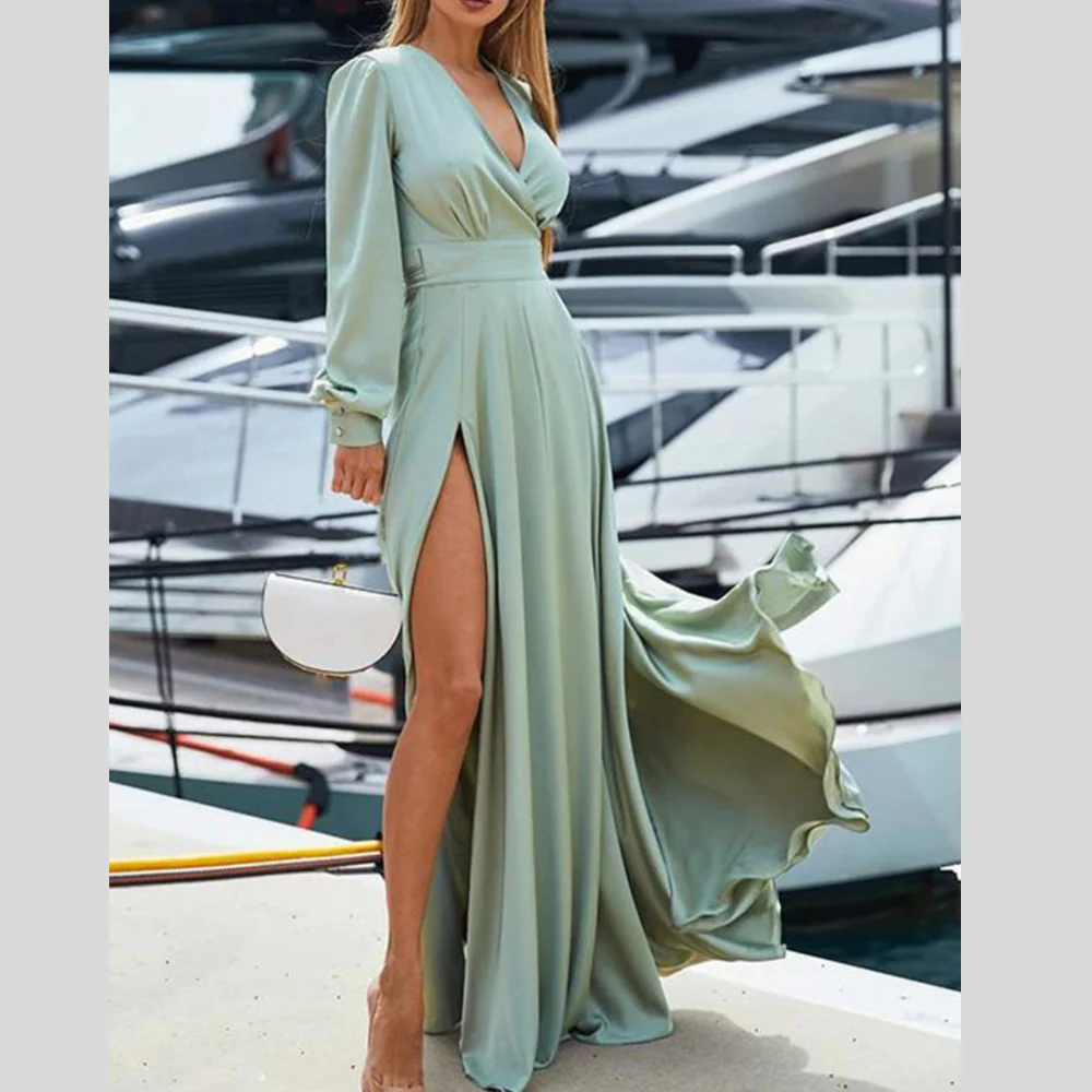 Plus Size Surplice Long Sleeve Slit Maxi Dress - ZKZOOK
