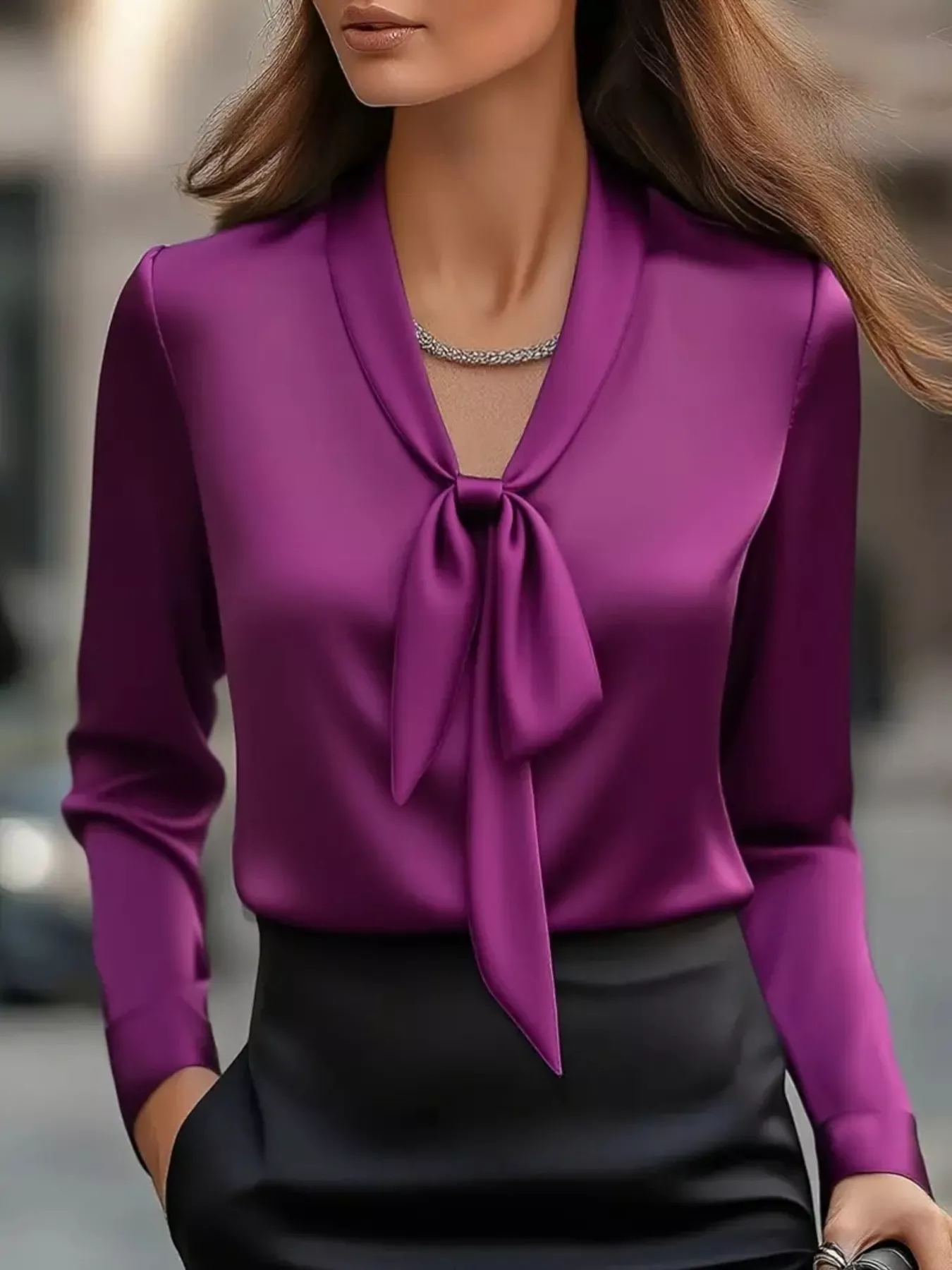 Satin Tie Front Long Sleeve Blouse - ZKZOOK