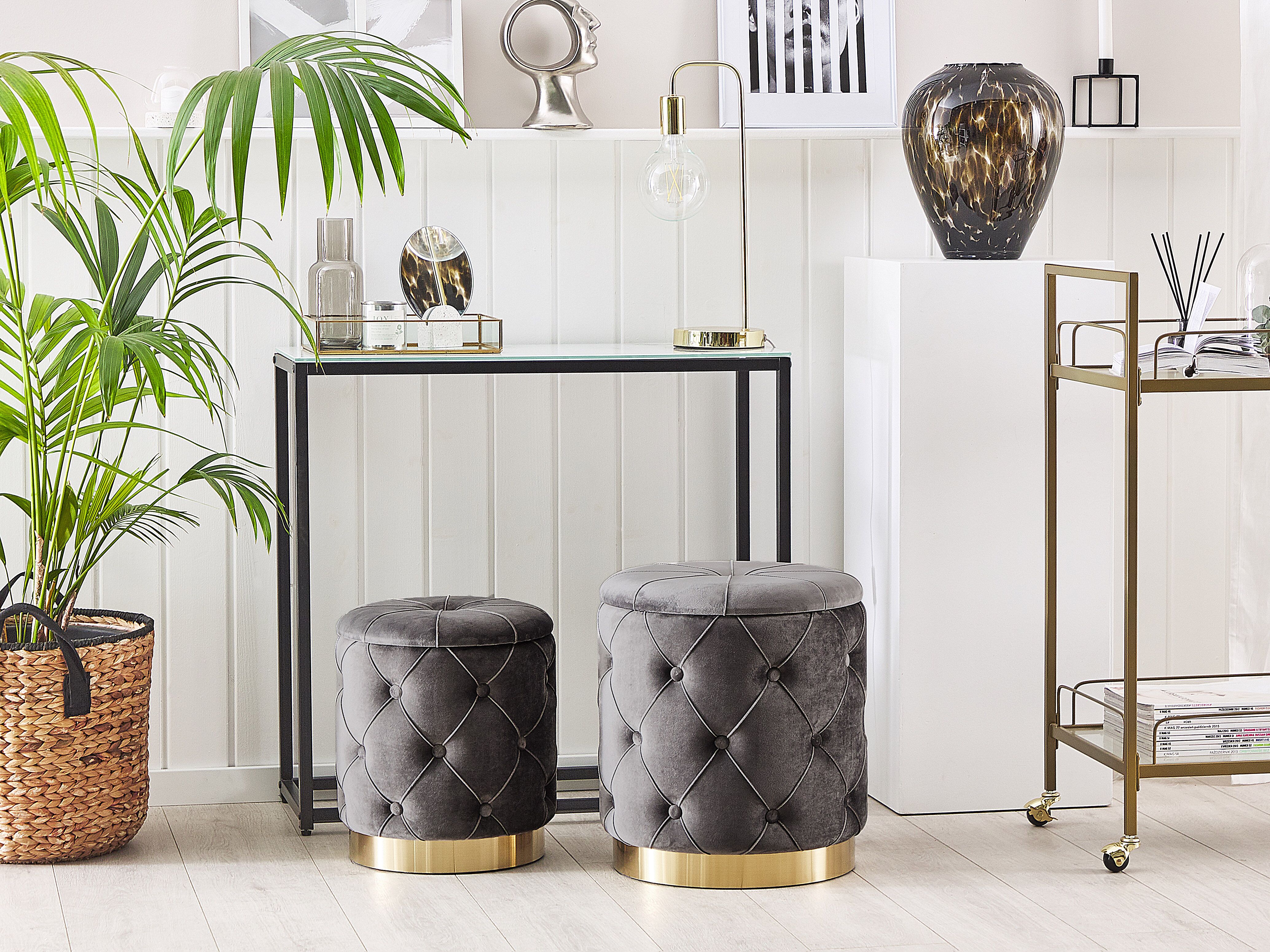 Set of 2 Storage Pouffes PUEBLO Velvet Grey