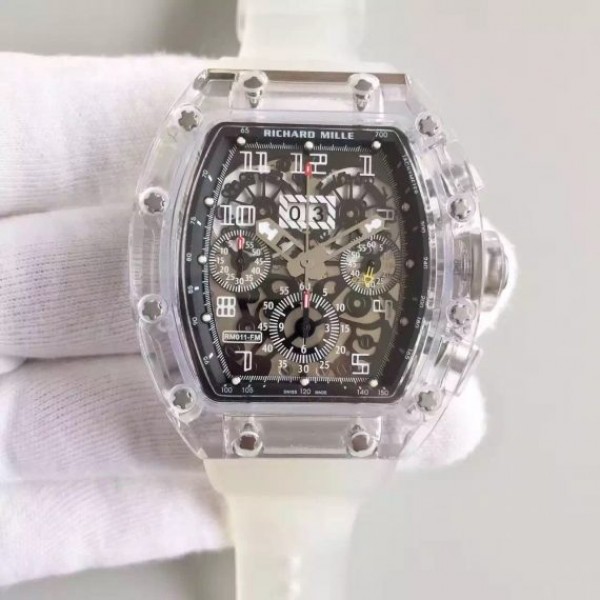 Replica Richard Mille RM011 Transparent Case White Bezel Skeleton Dial White Rubber Strap A7750 - Top club