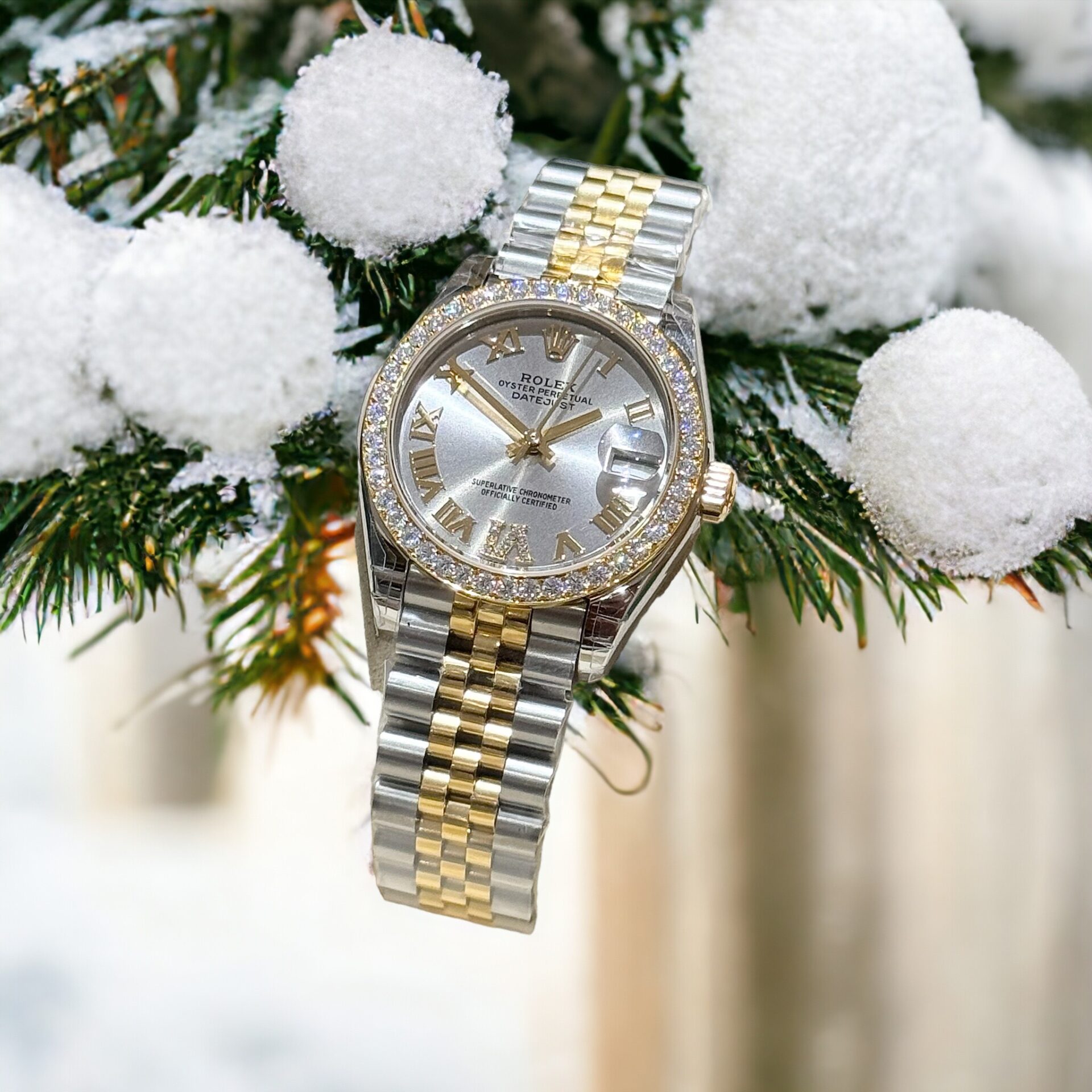 Rolex DateJust Replica Watch With Moissanite Diamonds Demi Gold 31mm - Elite Watch Atelier