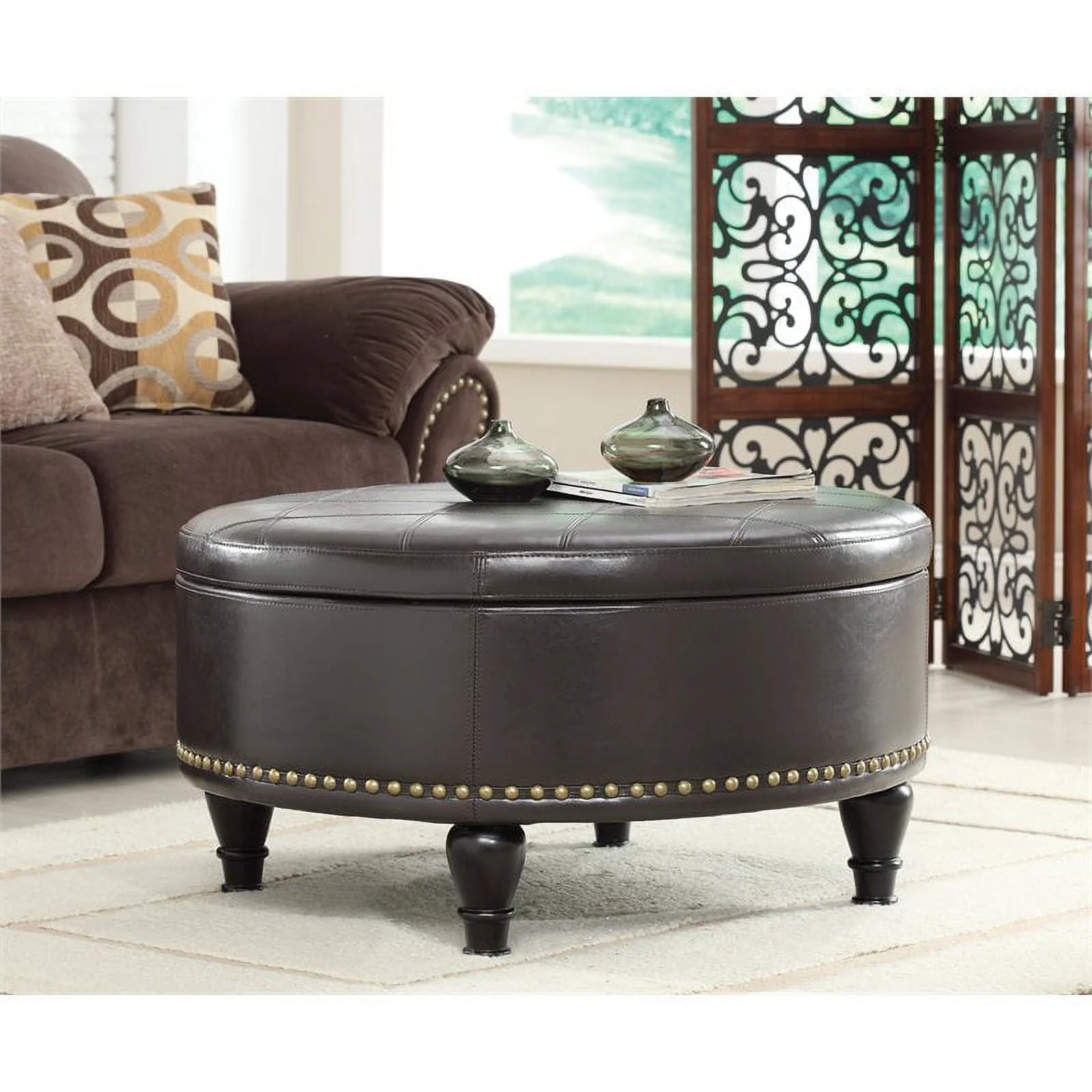 OSP Furniture Home Furnishings Augusta Round Storage Ottoman in Espresso Bonded Leather with Decorative Nailheads - Image 3