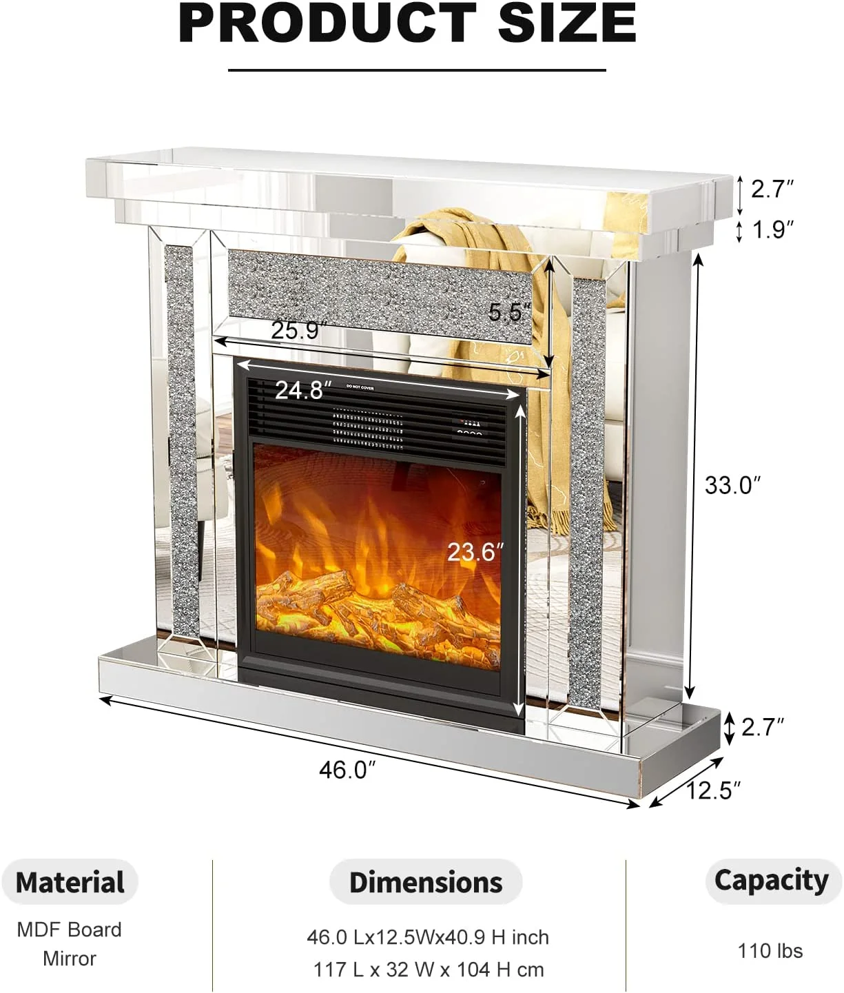 IKIFLY 47.24L x 41.33 H Mirrored Electric Fireplace - Image 6