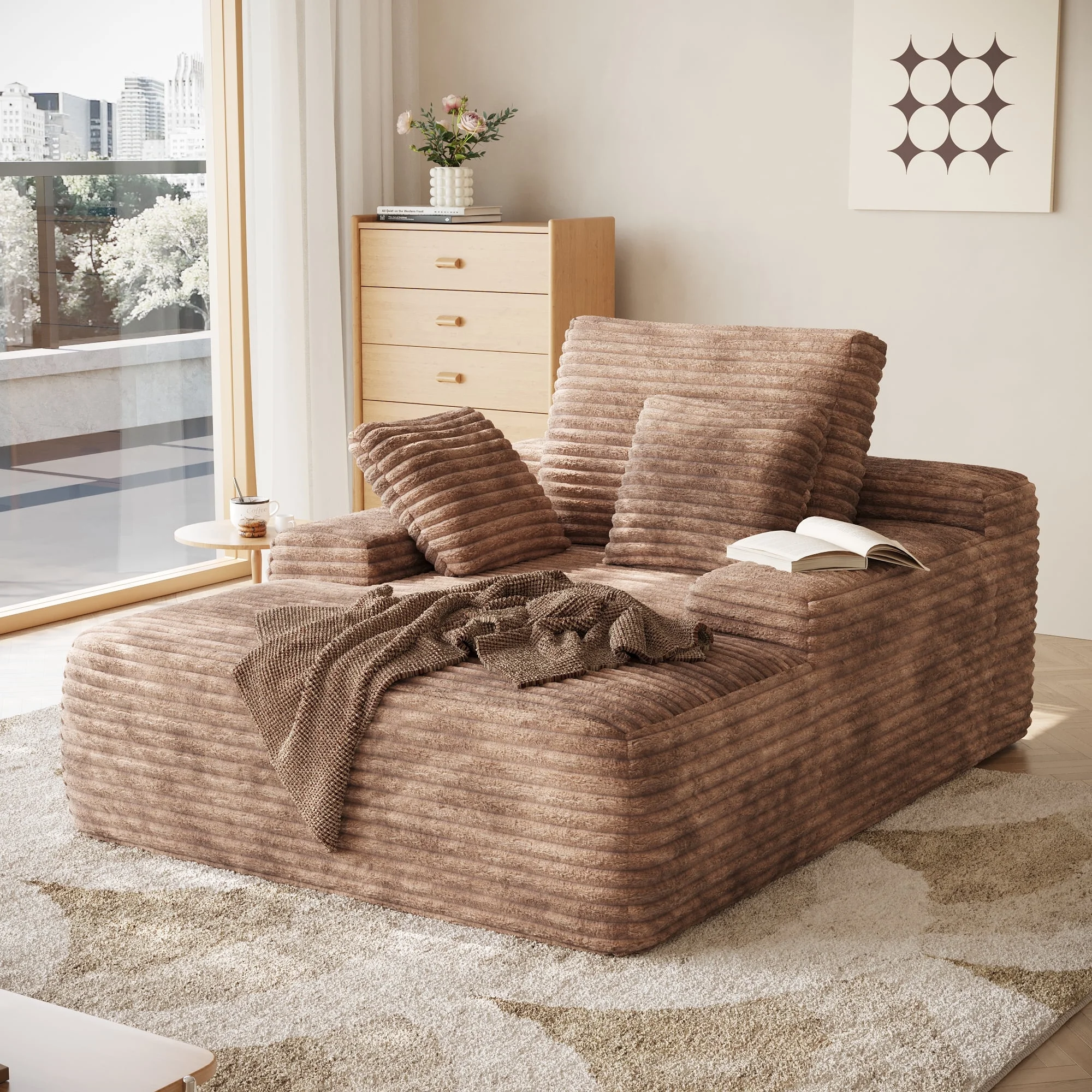 Sodrens Oversized Chaise Lounge Chair Indoor,Upholstered Sofa Bed with Throw Pillows and Armrests,Sleeper Chair for Living Room,Bedroom,Brown,Corduroy - Image 2