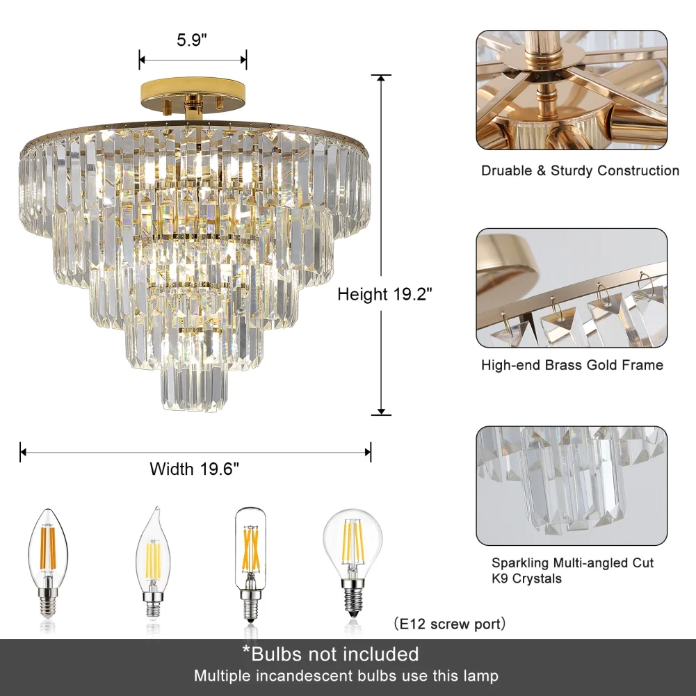Crystal Chandelier, 10-Lights Modern Pendant Ceiling Light, Vintage Contemporary Chandeliers Fixture Compatible for E12 Bulbs, for Dining Living Room, Bedroom (19.3'' H x 19.7''W)