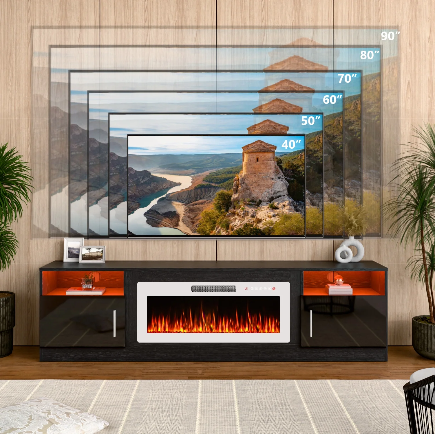 Waleaf Fireplace TV Stand with 36" Electric Fireplace Up to 80" TVs, Modern Wood Media TV Console with Highlight Cabinet, White - Image 23