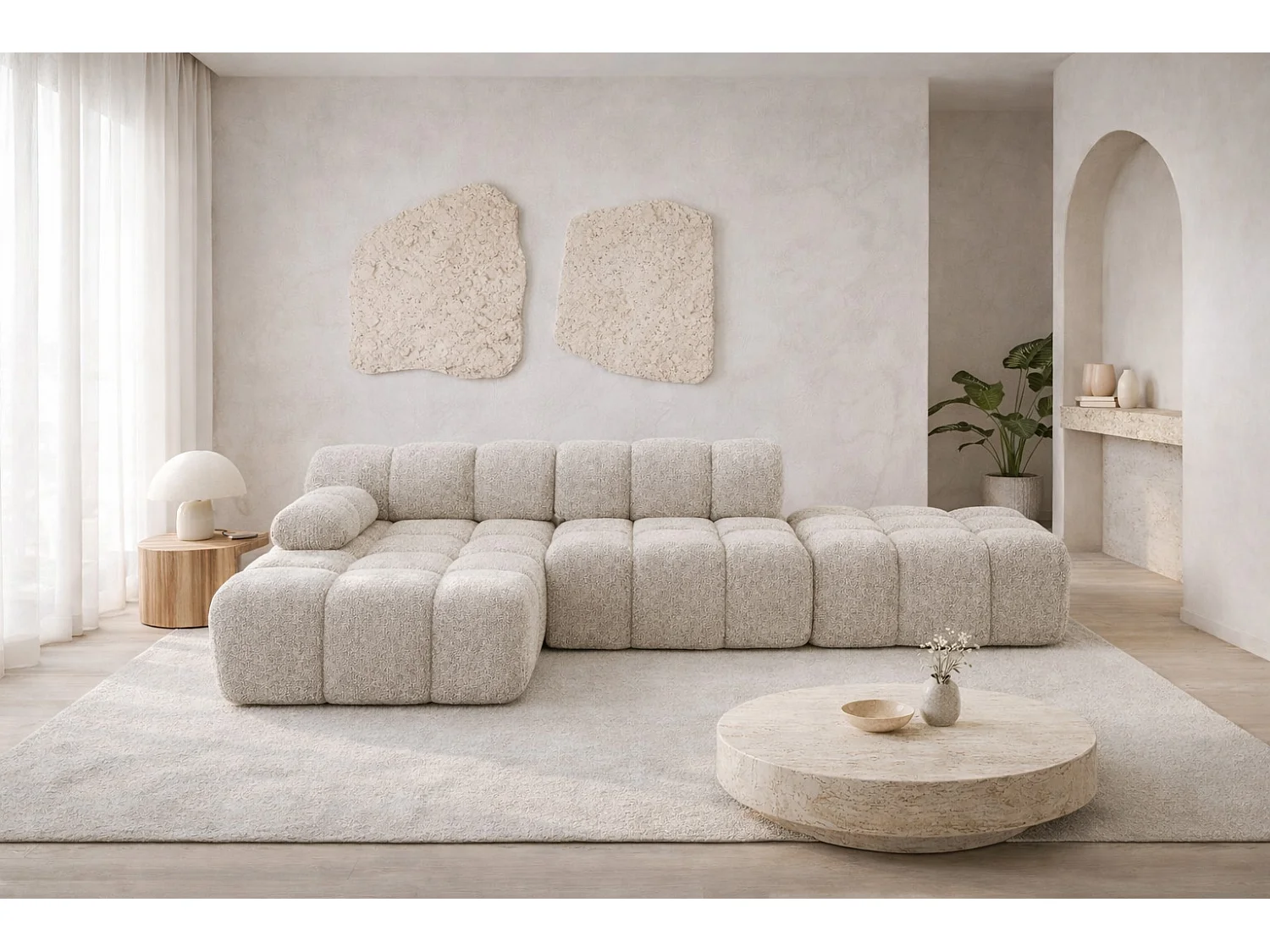 Canapé d’angle modulaire avec pouf, canapé en L, tissu bouclé Abriamo, Beige, Gauche, Selia