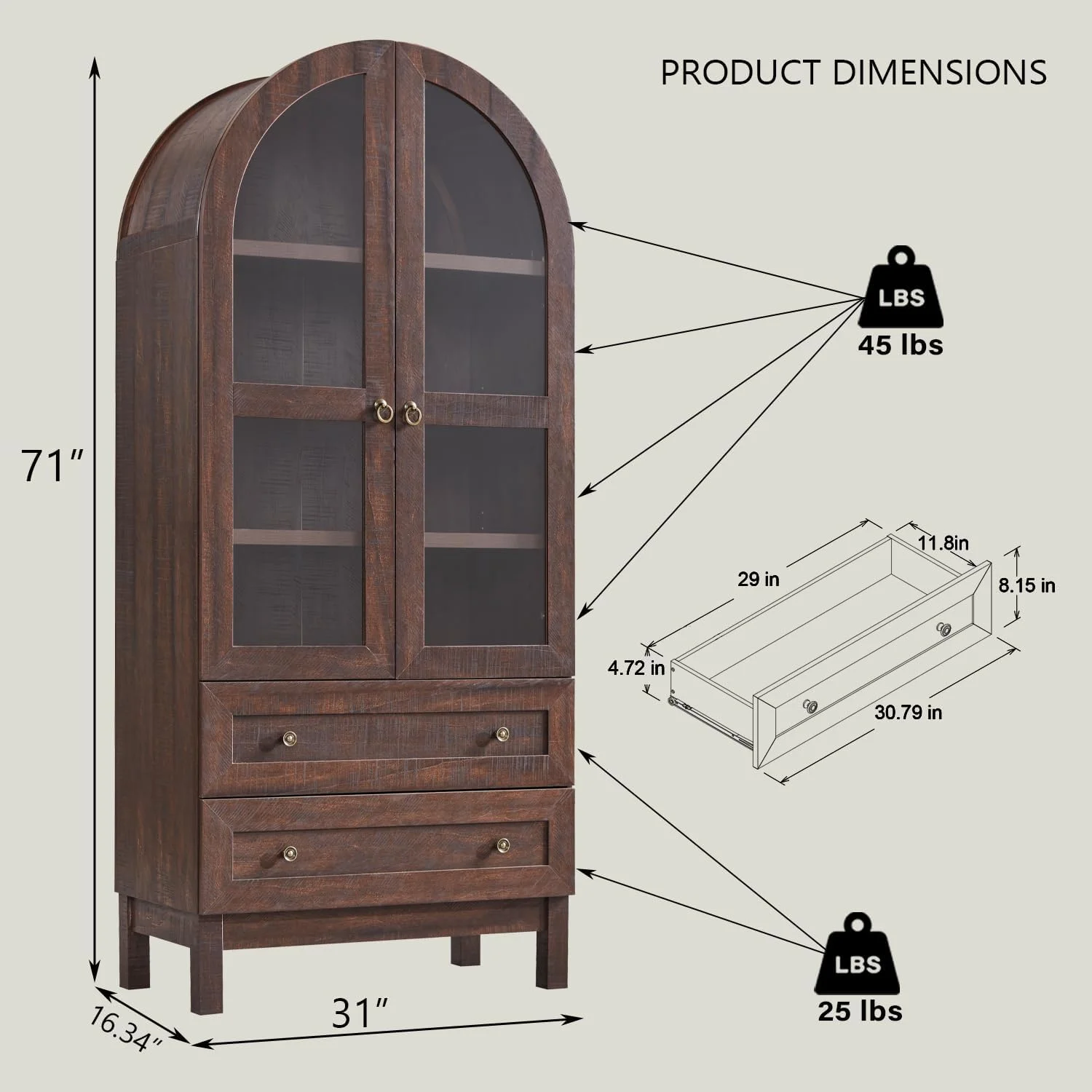 IFGET 71-Inch Arched 4-Tier Bookcase with Glass Doors and Drawers - Image 28