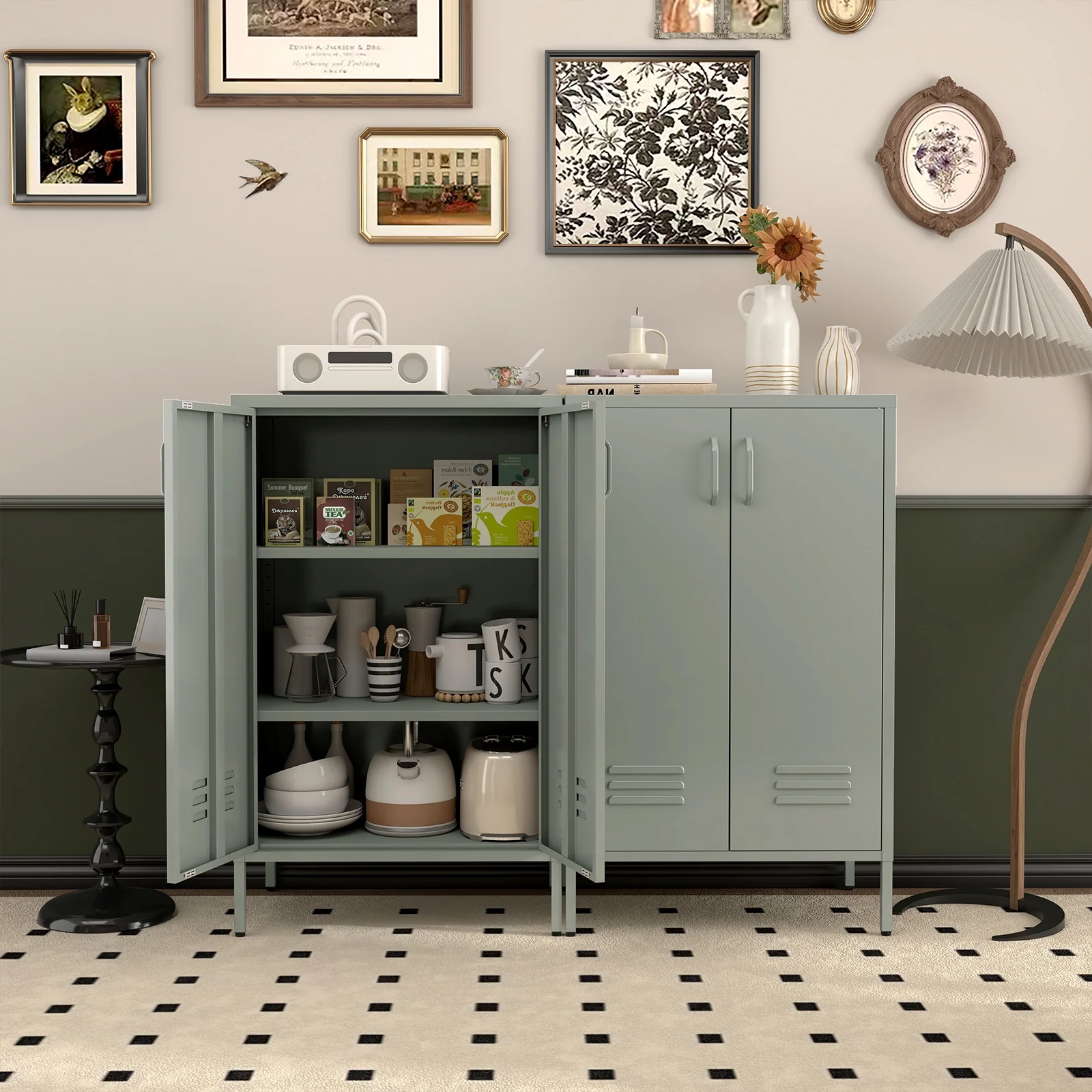 Marcree Green Metal Cabinet,2 Door Accent Cabinet,Metal Locker Cabinet with Legs,Sideboard Cabinet with Adjustable Shelves,Locker Storage Cabinet for Living Room,Entryway - Image 7