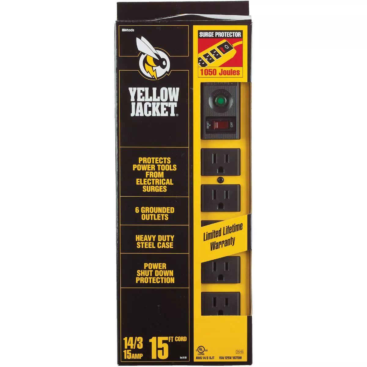 Yellow Jacket 6-Outlet 1440J Hi-Vis Yellow Surge Protector Strip with 15 Ft. Cord