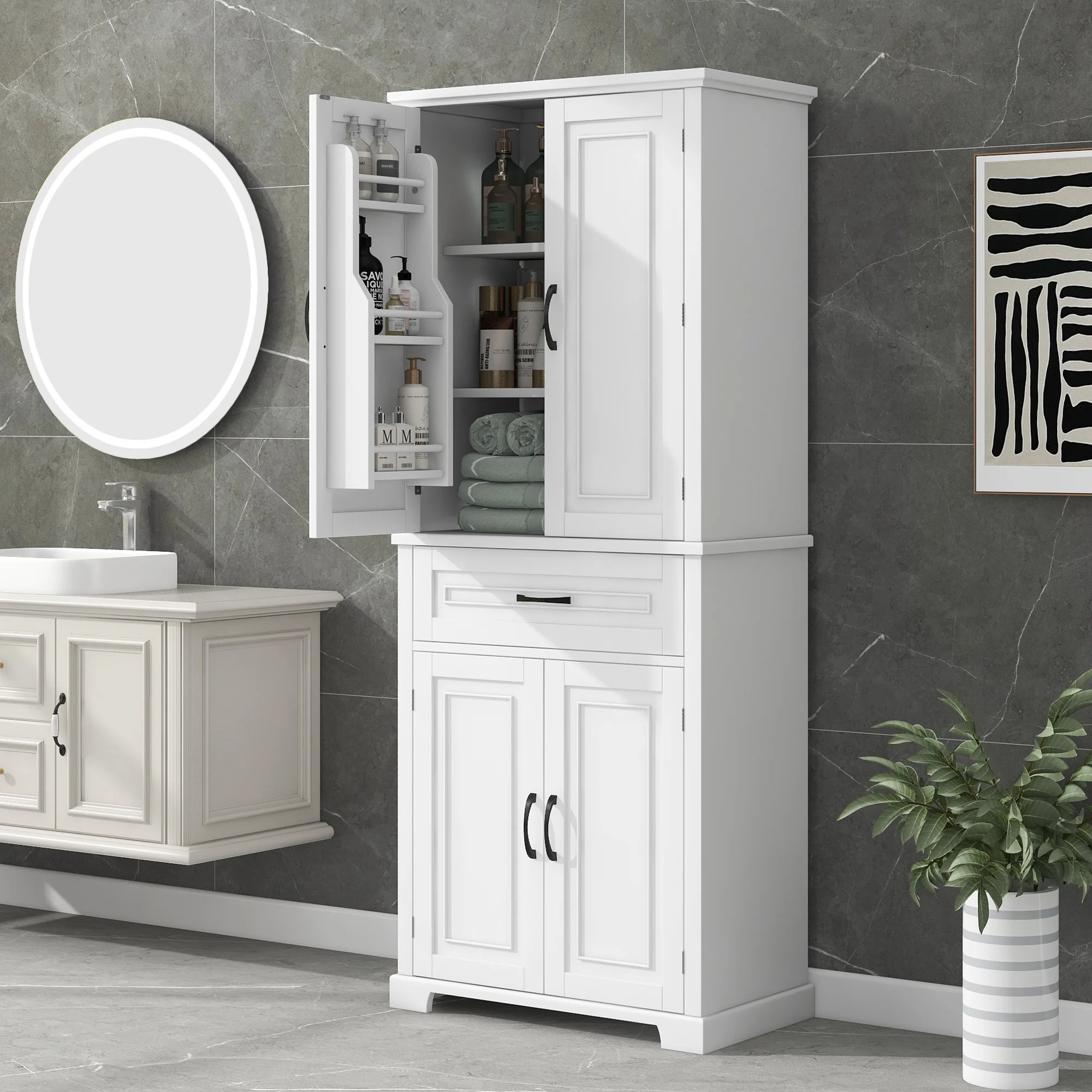 Bellemave White Tall Storage Cabinet with Adjustable Shelf Bathroom Cabinet with 1 Drawer and Storage Rack Large Freestanding Wood Cabinet Storage Organizer Floor Cabinet, White