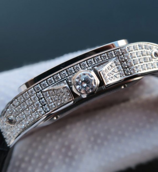 Replica Cartier V6 Santos 100 41mm White Dial Diamond Bezel Black Leather Strap A2824 - Top club