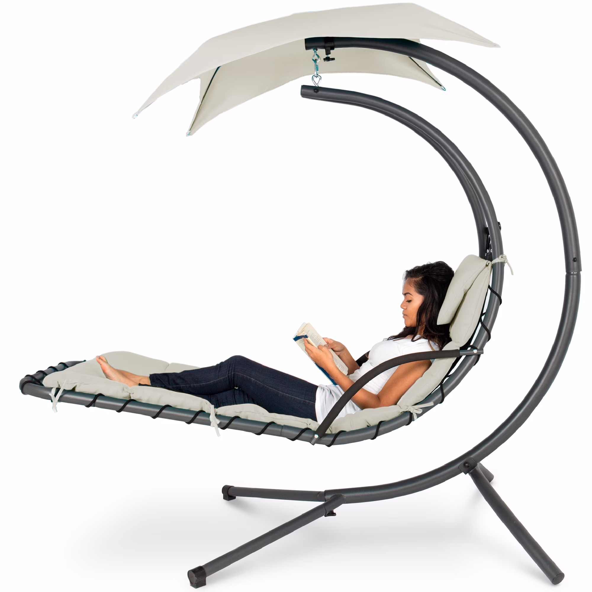 Best Choice Products Hanging Curved Chaise Lounge Chair Swing for Backyard, Patio w/ Pillow, Shade, Stand - Teal - Image 5