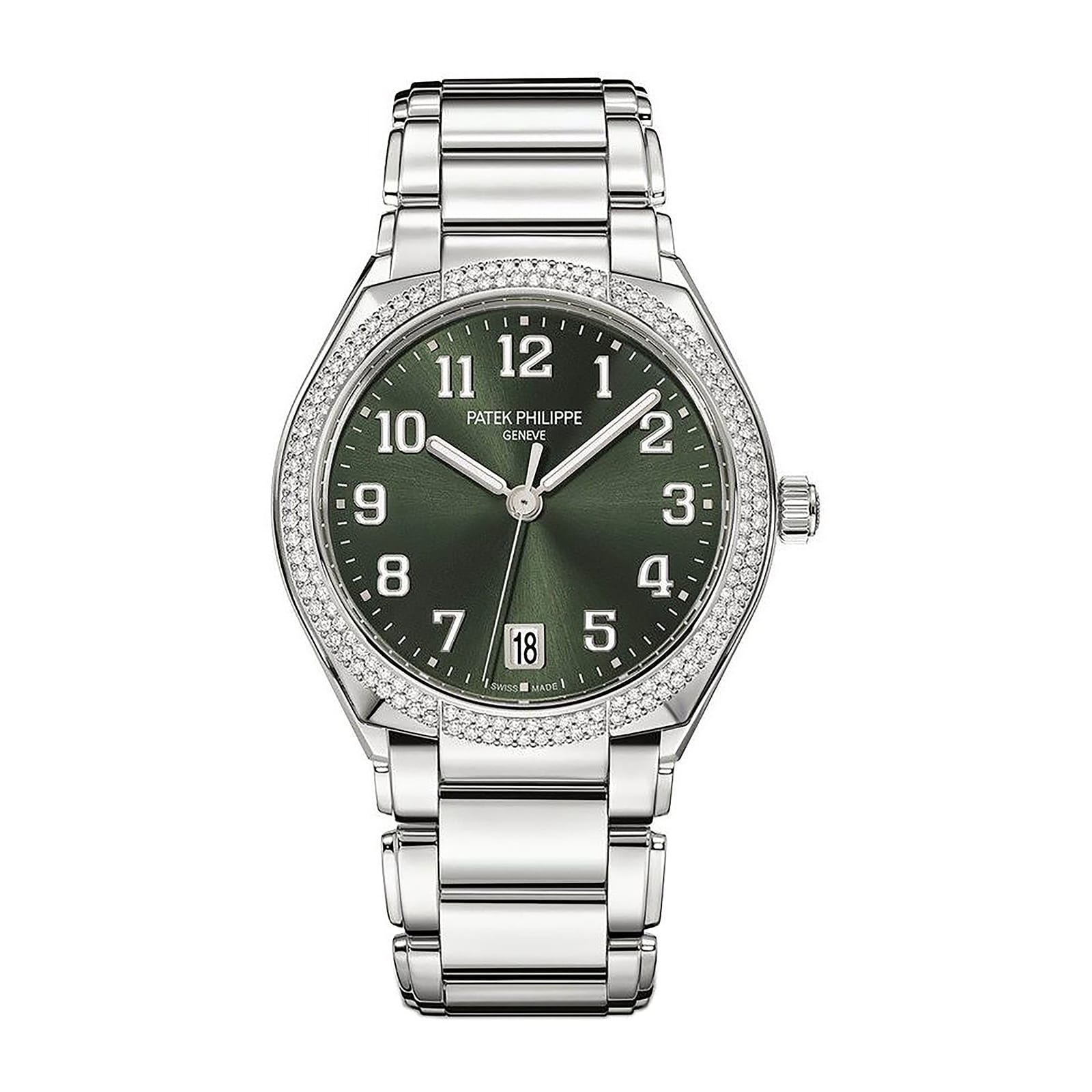 Fake Diamond Watch For Women Patek Philippe Replica Twenty~4 Ladies Stainless Steel Olive Green Dial 7300/1200A-011(1:1 replica) - Top club