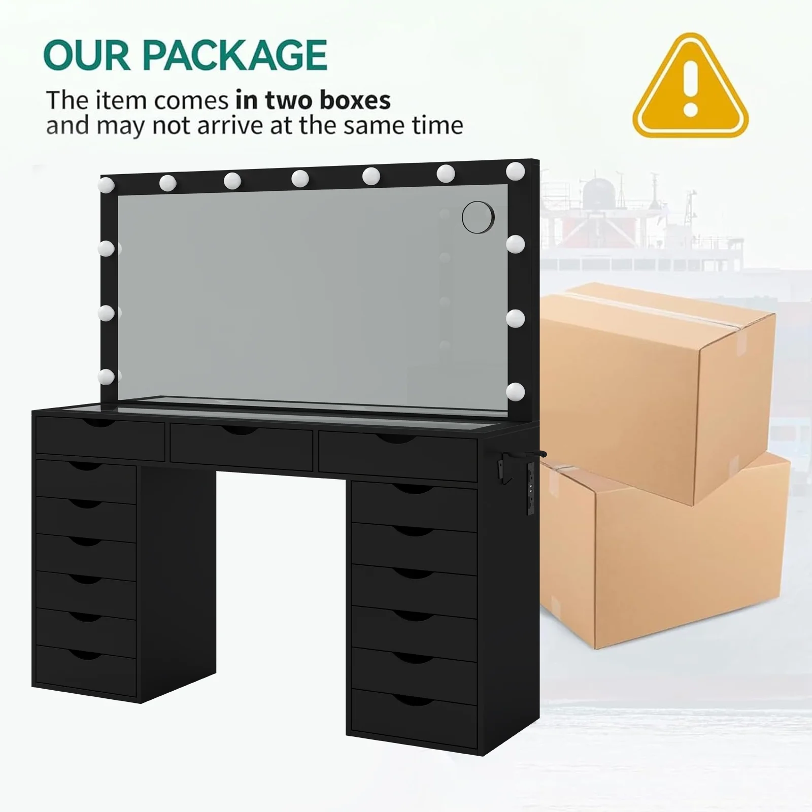 Yanosaku 15 Drawers Vanity Desk with Power Outlet, Makeup Table with Mirror and 13 LED Lights, 3 Color Lighting Modes, Brightness Adjustable, Glass Top Dressing Table, Vanity Set for Bedroom - Image 26