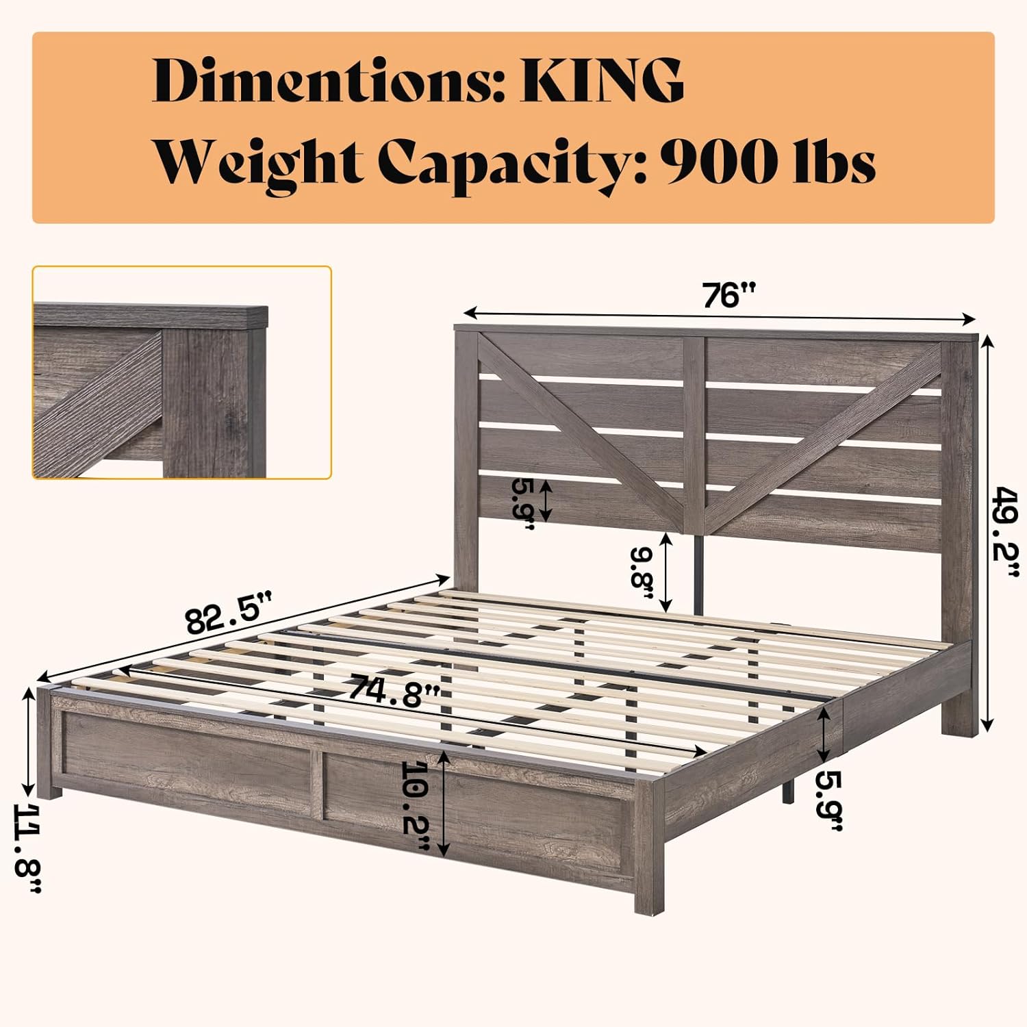 AMERLIFE King Size Farmhouse Bed Frame with 49.2