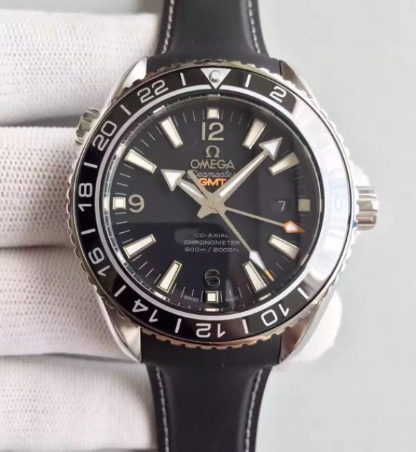 Replica Omega Planet Ocean SS GMT Black Dial Silver Markers Black Rubber Strap A8605 - Top club