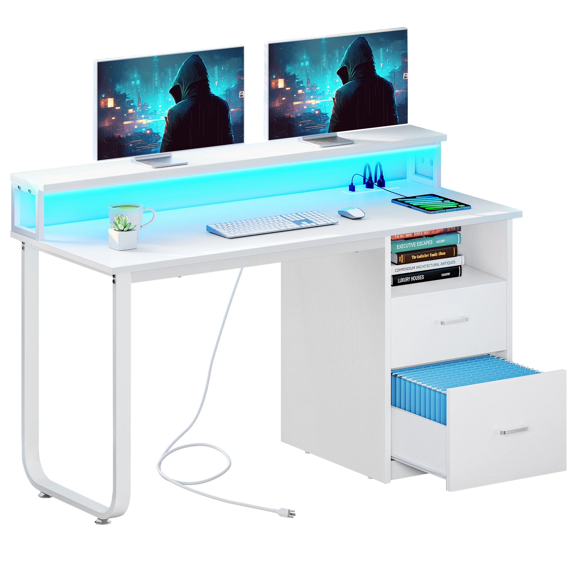 Dextrus 47 inch Computer Desk with Storage Drawers & LED Light, Office Desk with Monitor Stand & Power Outlets, Work Study PC Desk for Small Spaces, Home Office, Oak - Image 31