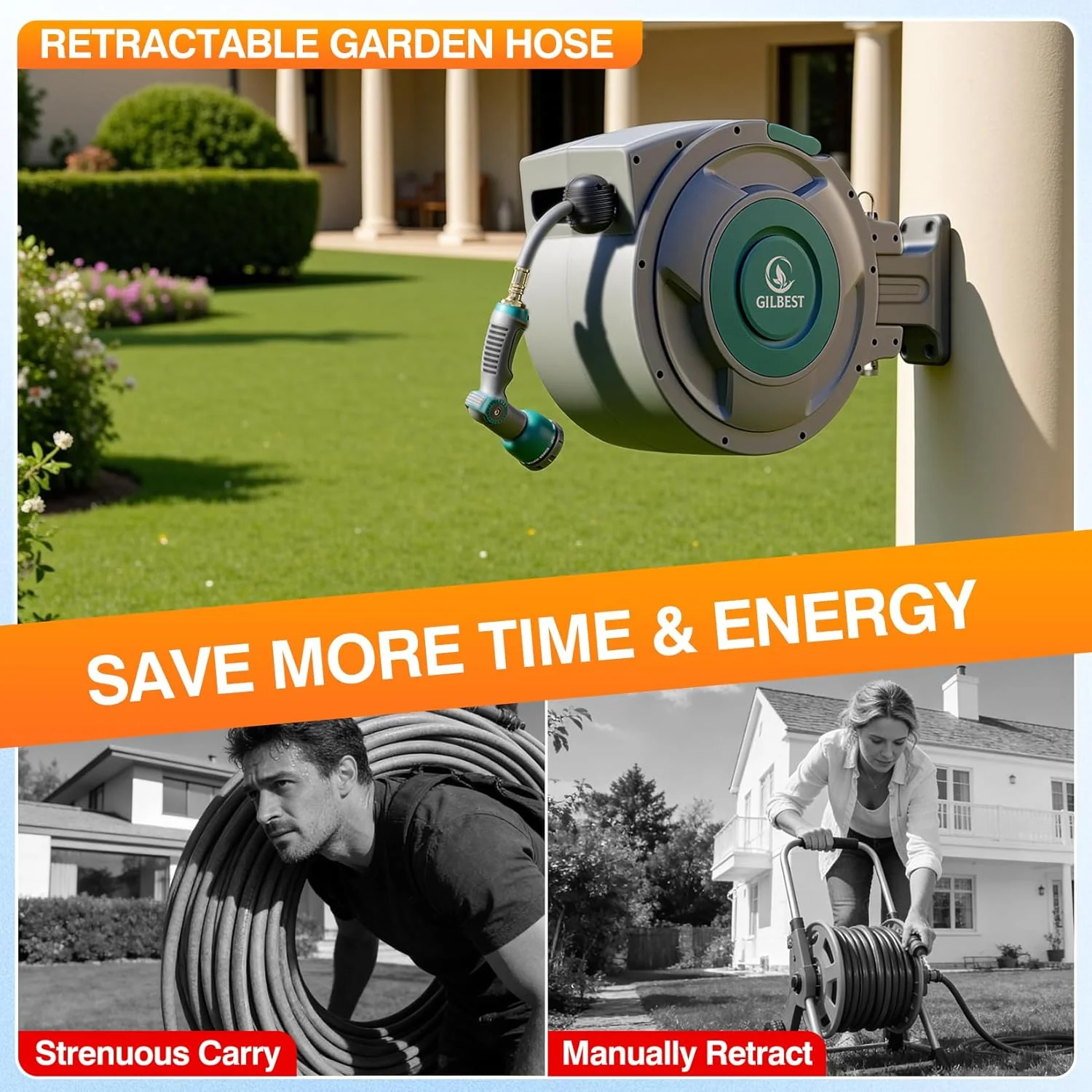 GILBEST Retractable Garden Hose Reel, 100 ft x 5/8 in, Green, 10-Function Nozzle - Image 3 GILBEST Retractable Garden Hose Reel, 100 ft x 5/8 in, Green, 10-Function Nozzle - Image 3