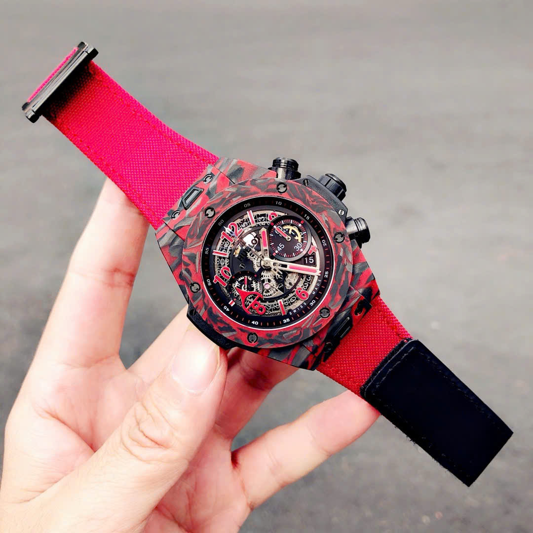 Hublot Big Bang Unico Red Carbon Replica Watches Best Quality Fabric Strap 45mm - Elite Watch Atelier