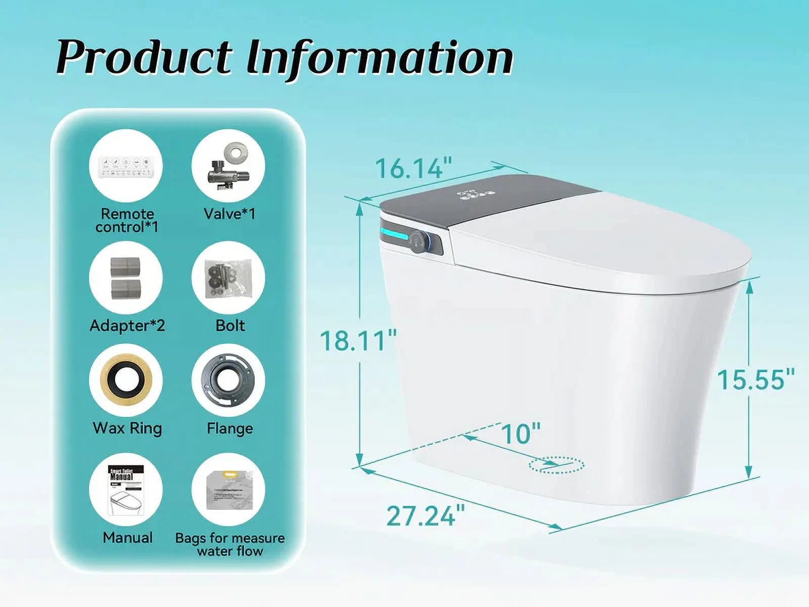 HOROW Smart Bidet Toilet 10'' Rough In with Auto open/close lid night light LED Display Off-Seat Flushing Heating Air Drying Warm Water