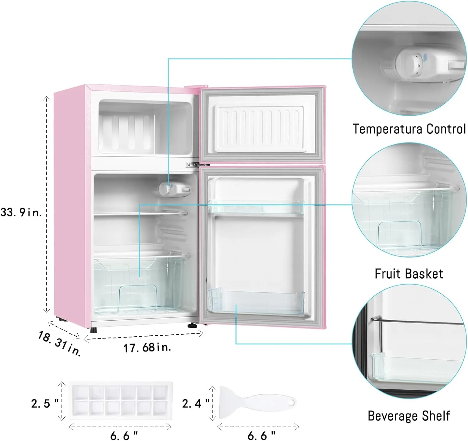 Kcpolre Pink Mini Fridge with Freezer 3.2 Cu.ft Refrigerators, Adjustable Glass Shelves, Quiet Dual Door Dorm Fridge for Bedroom, College, Office - Image 4