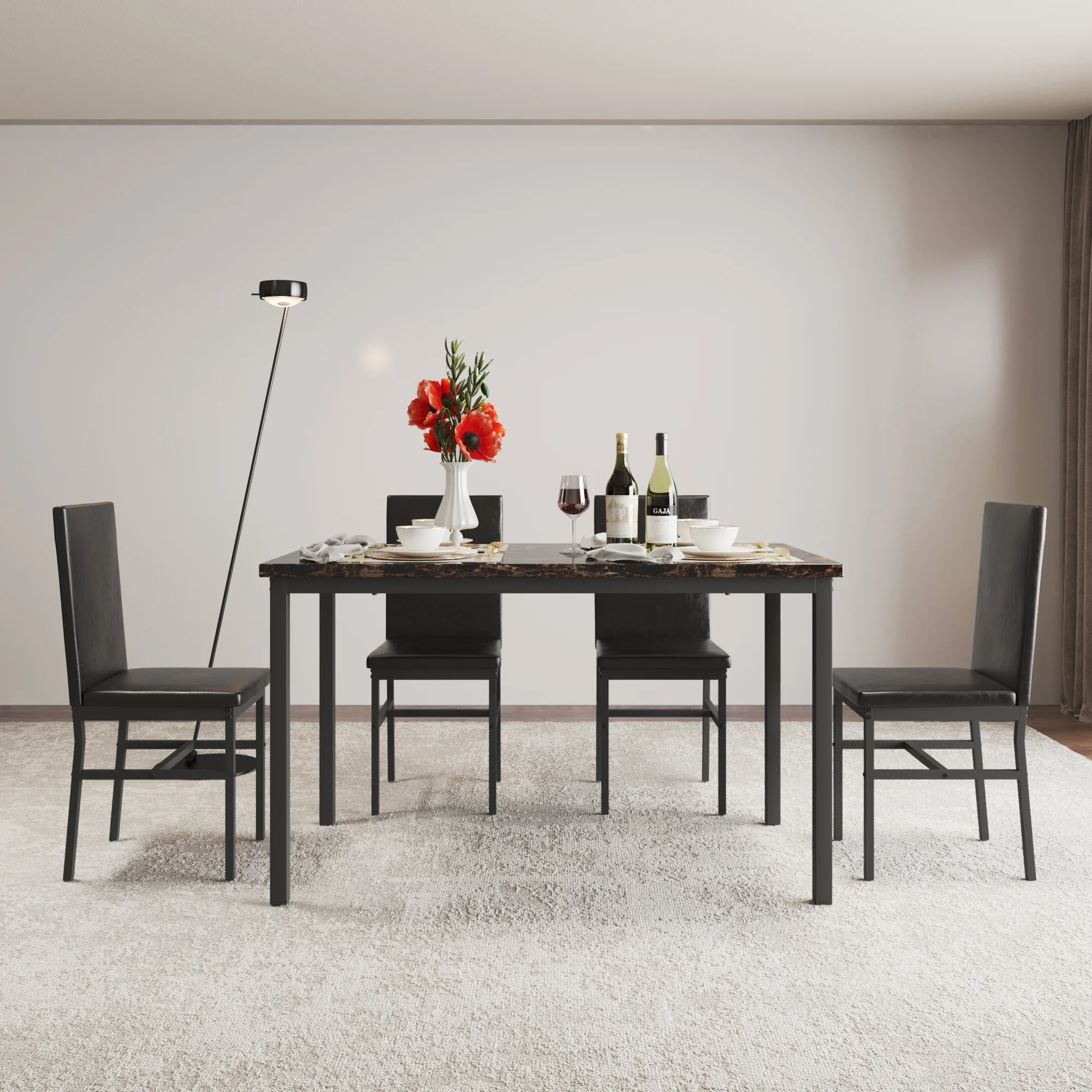 5 Piece Dining Set, Modern Dining Table and Chairs Set for 4, Counter Height Bar Table Set, Modern Pub Table with 4 Velvet Fabric Cushioned Stools, Faux Marble Dining Table & Stools Set, D9297 - Image 54