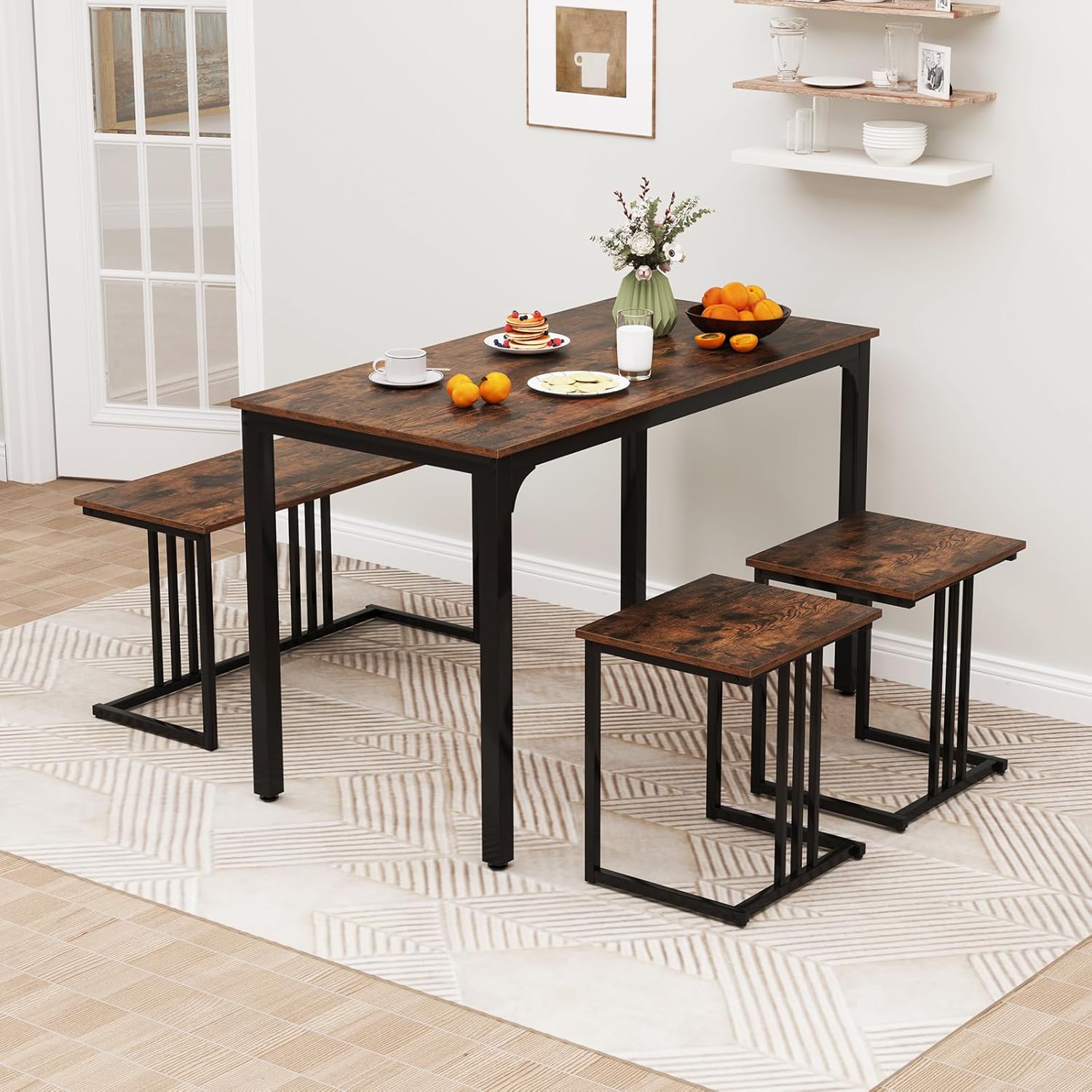 Giantex 4-Piece Dining Table Set for 4, Modern Kitchen Table and Chairs, Nesting Furniture Set with Bench & 2 Stools, Space-Saving Desk Set, Dinette Set for Small Place, Dining Room Restaurant (Brown)