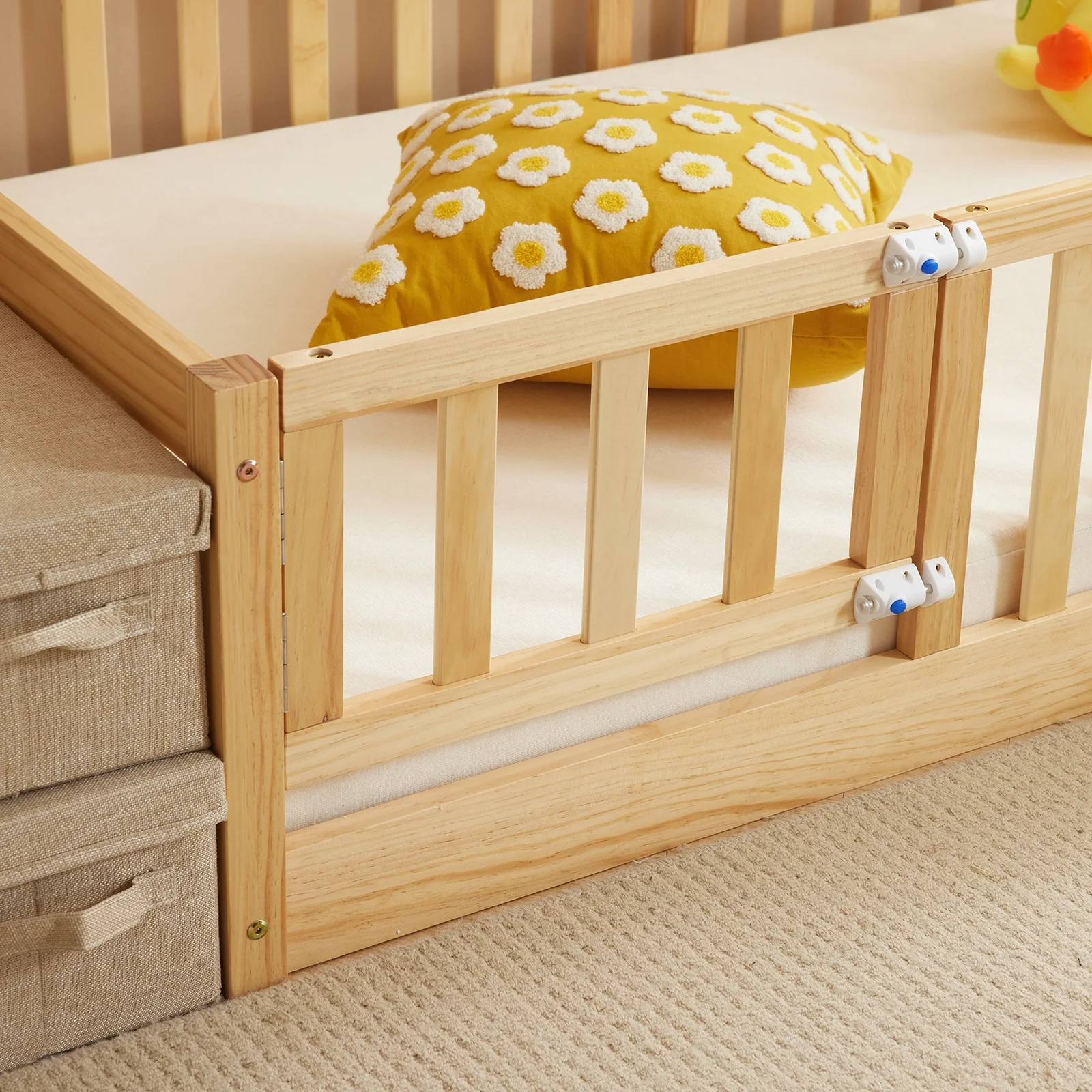 Zimtown Montessori Floor Bed Frame, Full Size Kids Toddler Bed with Fence and Door, Wooden Platform Bed, White - Image 11