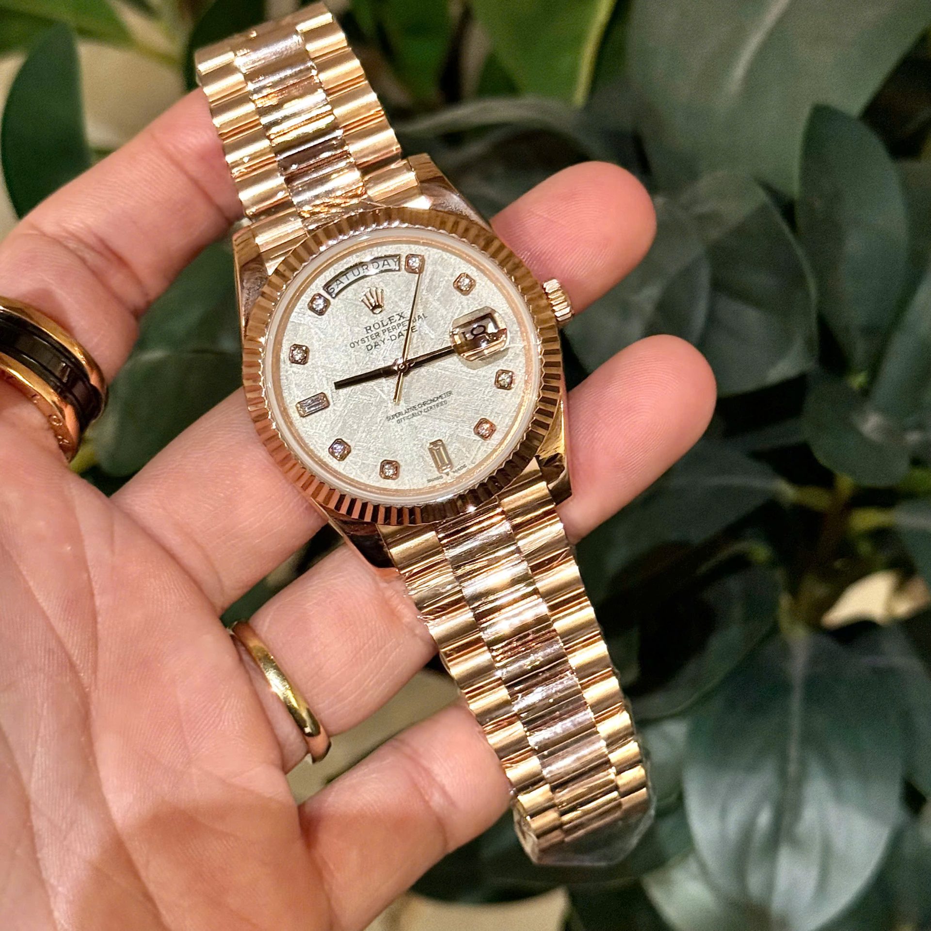 Rolex Replica Watch Day-Date Meteorite Dial With Moissanite Diamonds Hour Markers Custom Gold Wrapped GMF 40mm - Elite Watch Atelier