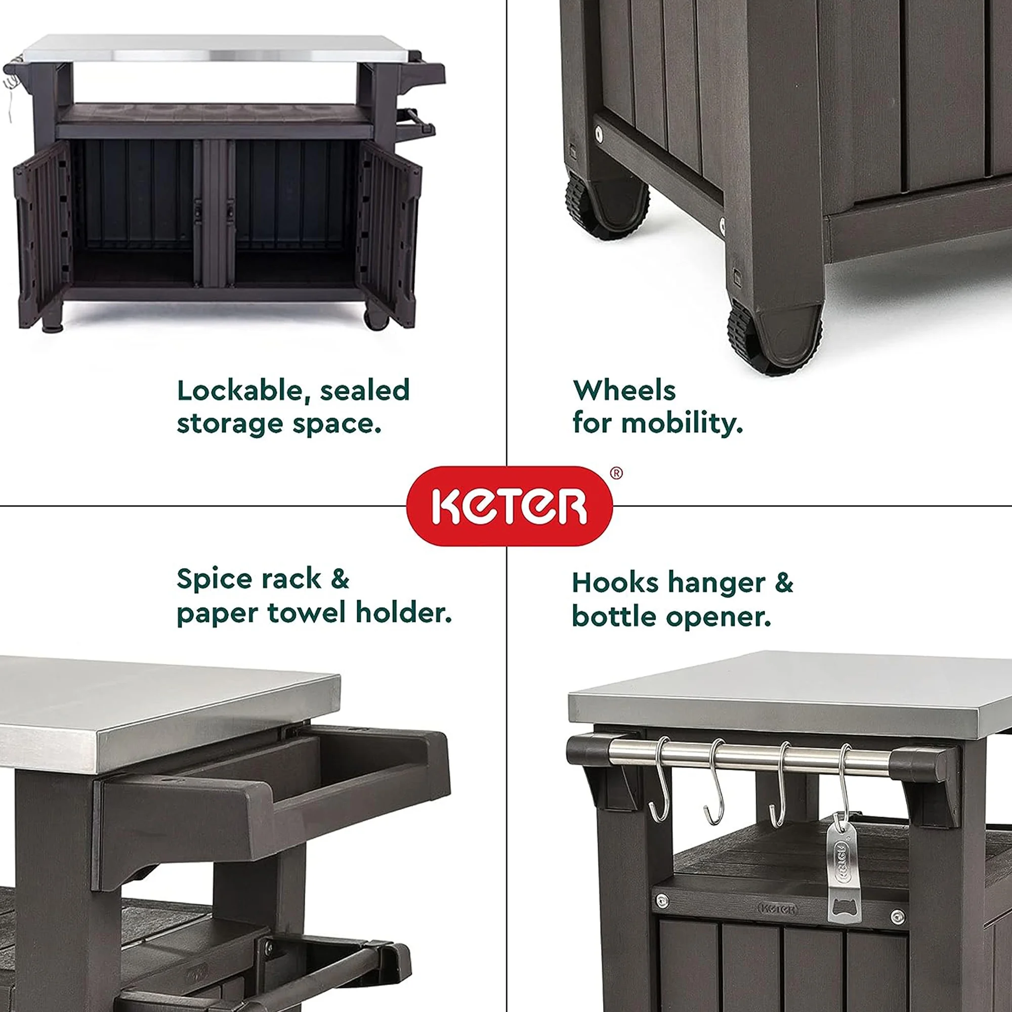 Keter Unity XL Outdoor Durable Kitchen Rolling Bar Cart with Storage Cabinet, Brown