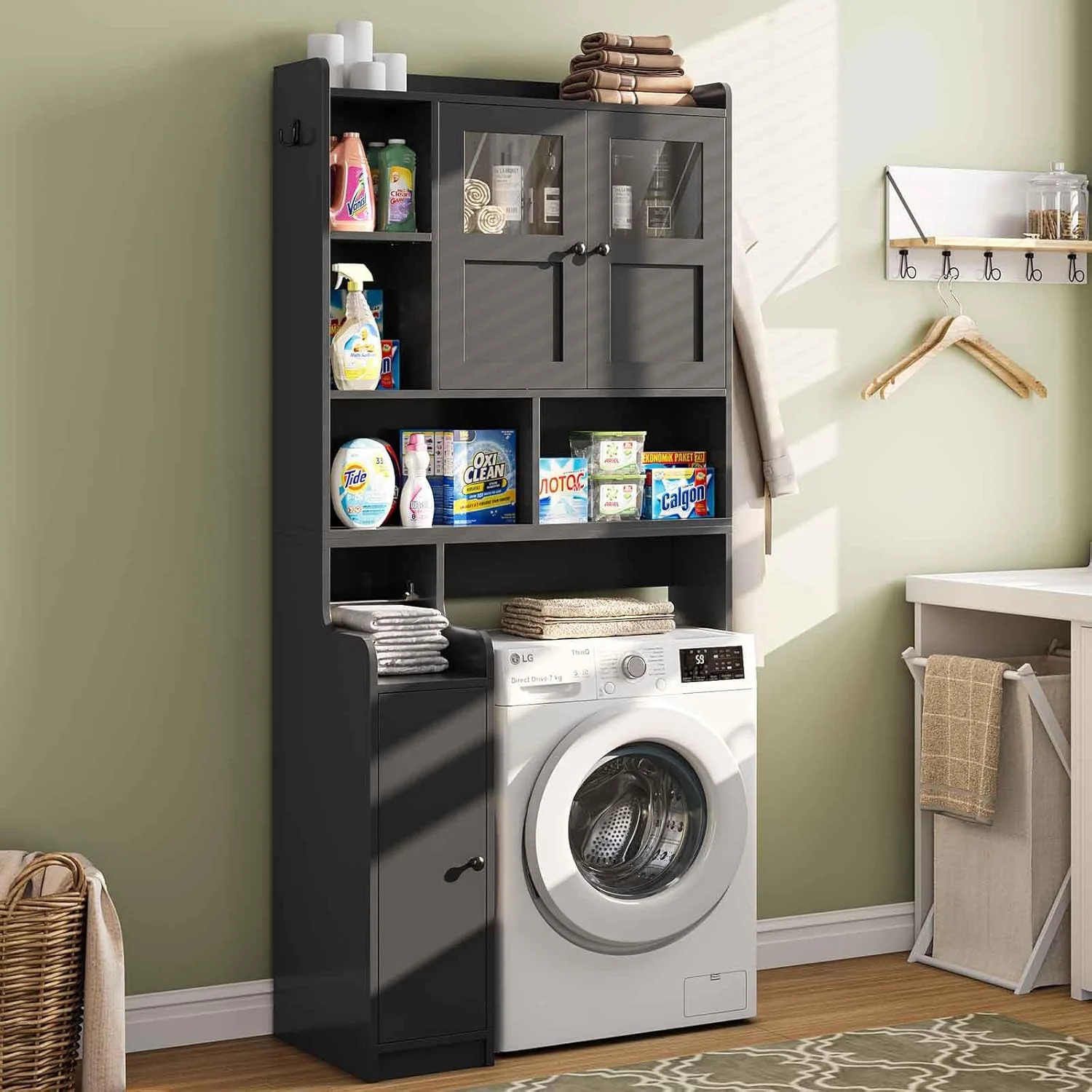 Over The Toilet Storage Cabinet with 3 Doors, Farmhouse Space Saver for Bathroom Organizer with Paper Holder, 10 Shelves and Hooks, 7-Tier Over Washing Machine Cabinet for Laundry, Bathroom, Natural - Image 31