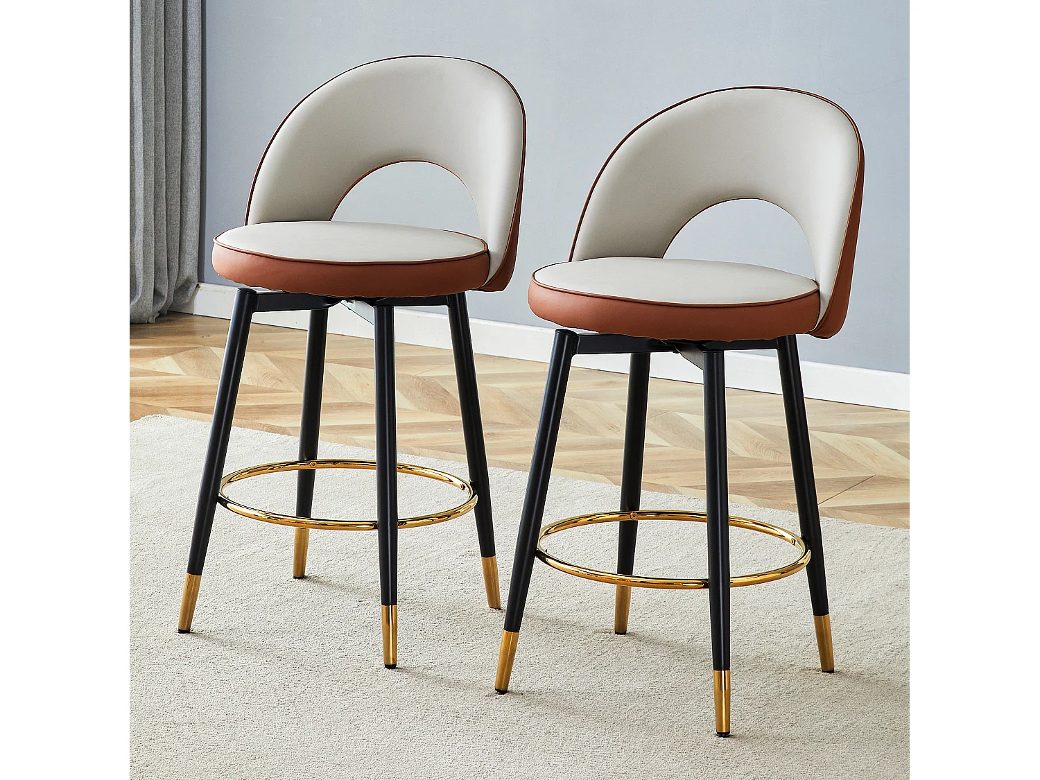 Lot de 2 tabourets de bar pivotant en simili cuir PU - Coussins d'assise gris clair et marron