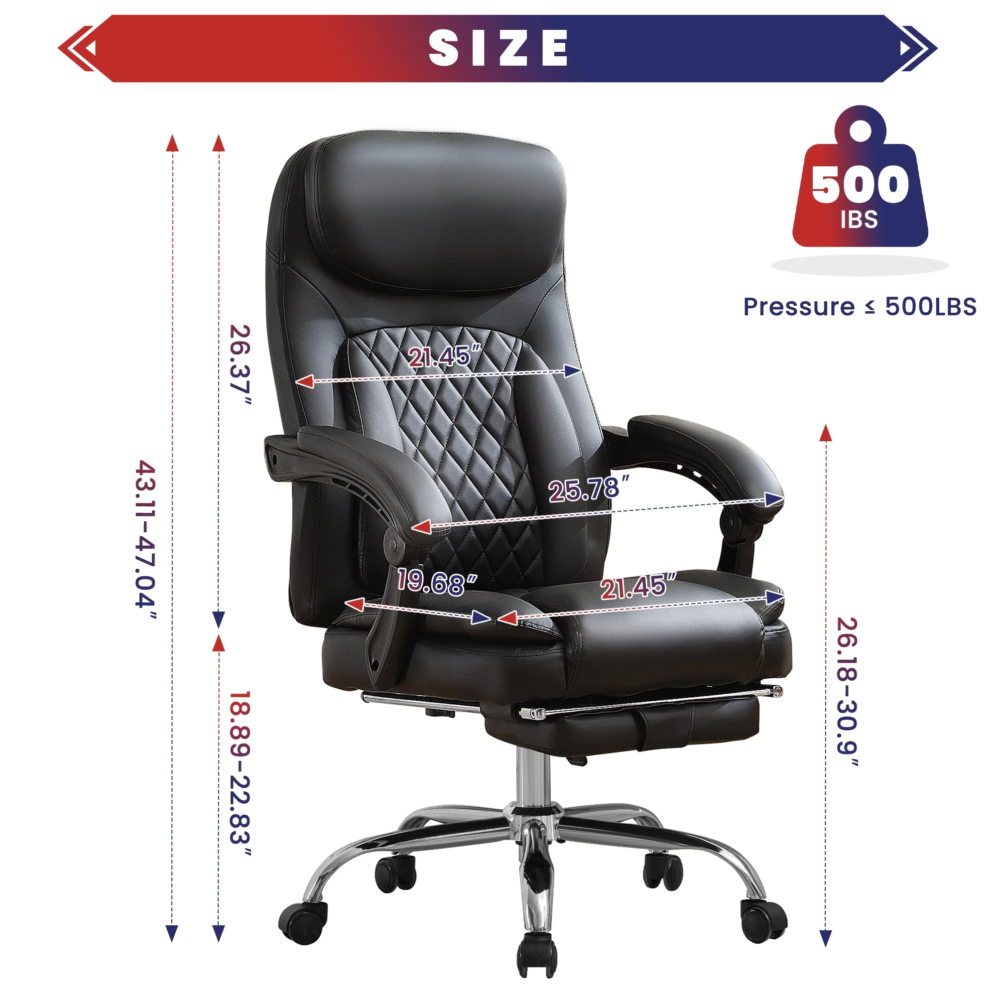 JONPONY Big and Tall Office Chair 500LBS Executive Office Chair Massage and Footrest Ergonomic Computer Desk Chair Reclining High Back Leather Office Chair Lumbar Back Support Swivel Rolling,Black