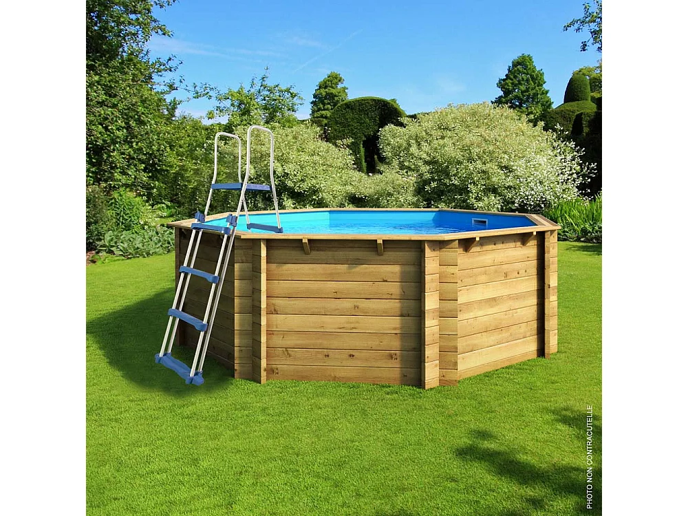 Piscine bois SWIMWOOD hexagonale Ø395x117 cm EWEN – 15m³ – filtration sable 4m3 h