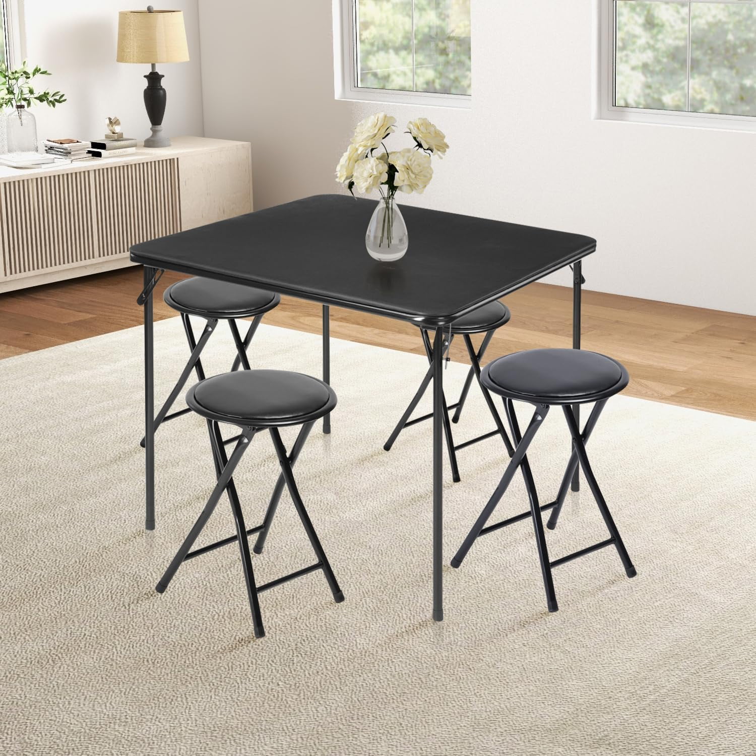 **5-piece folding table and chair set for 4, space-saving square card table with 4 stools, no assembly required, ideal for small spaces, home, patio, and outdoor use, black