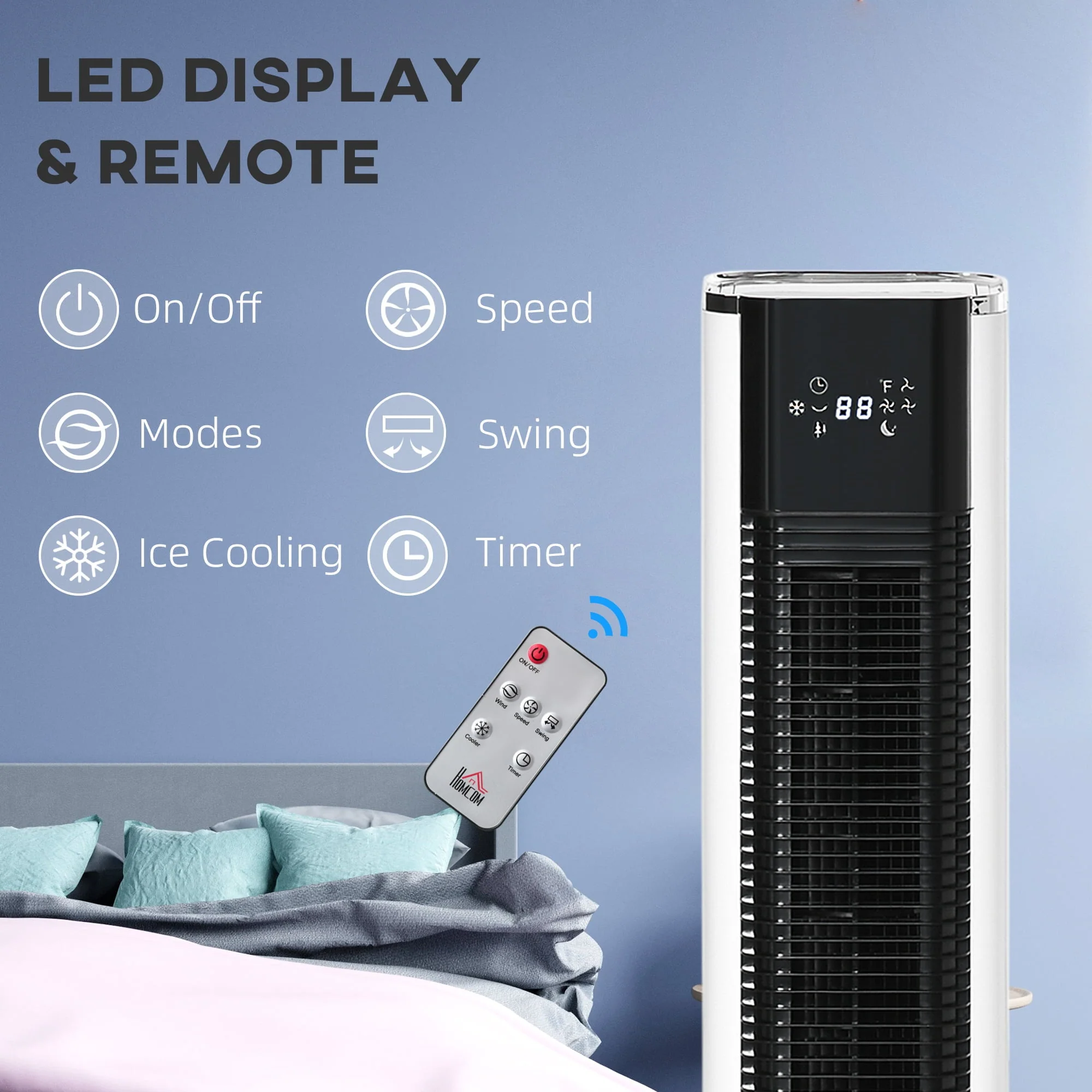 HOMCOM 42" Portable Evaporative Air Cooler, 3-In-1 Ice Cooling Fan Humidifier with Remote, Timer, Oscillating, LED Display, and 1.6 Gal Water Tank, White - Image 6