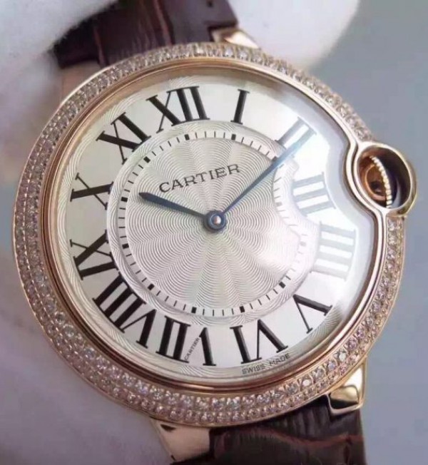 Replica Cartier Ballon Bleu 40mm RG Diamonds Bezel Whit Dial Leather Strap MIYOTA9015 - Top club