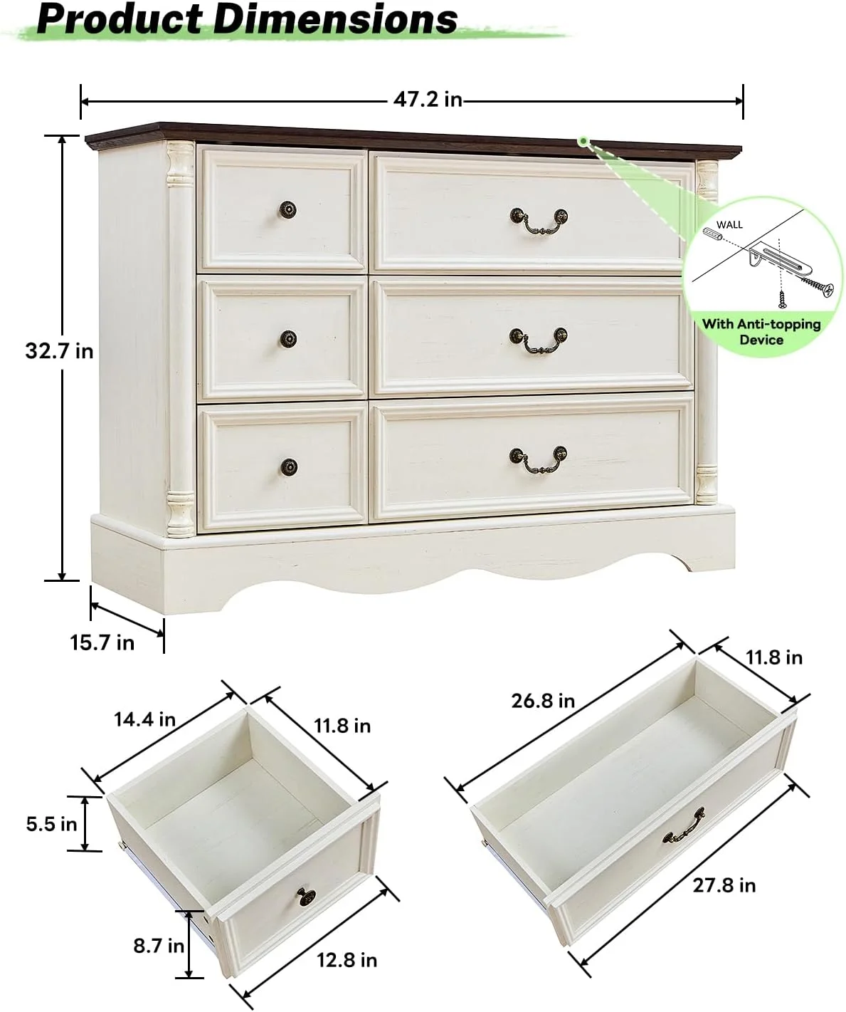 ZBOM 9 Drawer Dresser, 54 Inch Wide Farmhouse Style Chest of Drawers with Charging Station, Distressed Finish Design, Modern Storage Dresser Organizer TV Stand for Bedroom, Living Room - Image 9