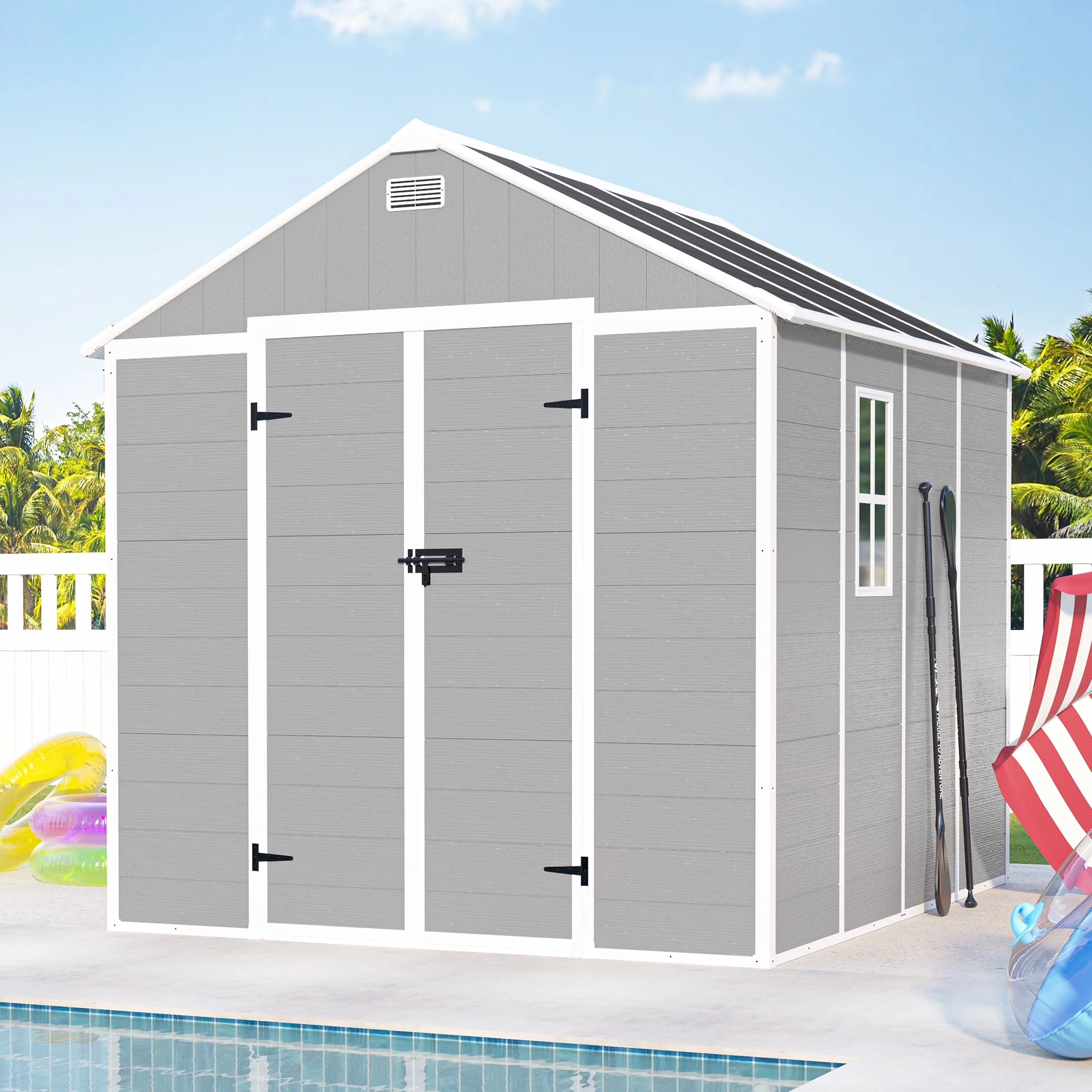 Seizeen Outdoor Resin Storage Shed, 41 Cu. Ft. / 306 Gal, Gray, 3 Doors With Floor - Image 5 Seizeen Outdoor Resin Storage Shed, 41 Cu. Ft. / 306 Gal, Gray, 3 Doors With Floor - Image 5