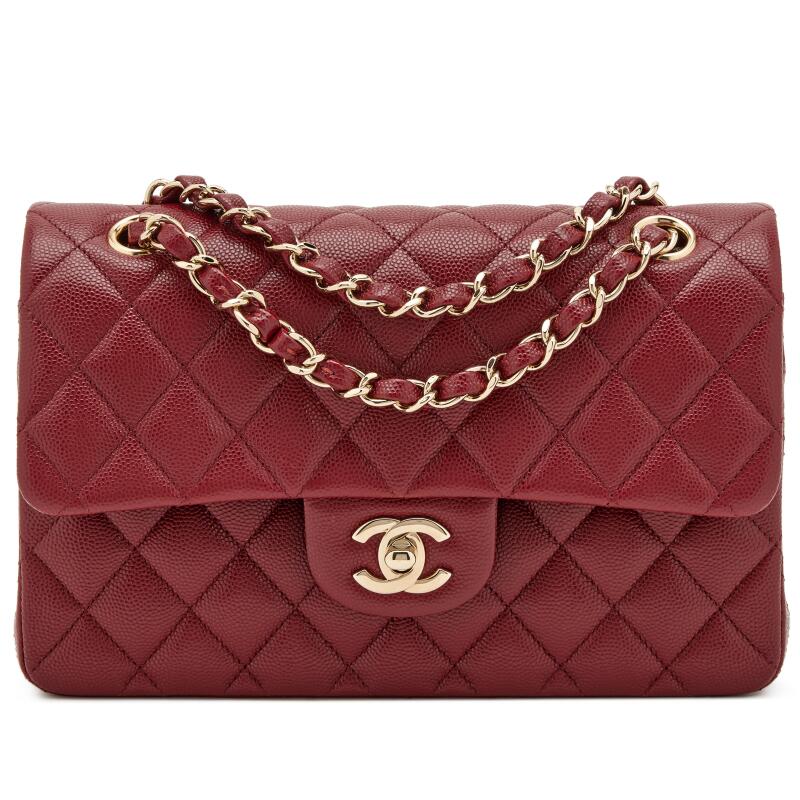Classic Quilted Caviar Leather Double Flap Bag - Burgundy with Gold Hardware - COZYMIZE