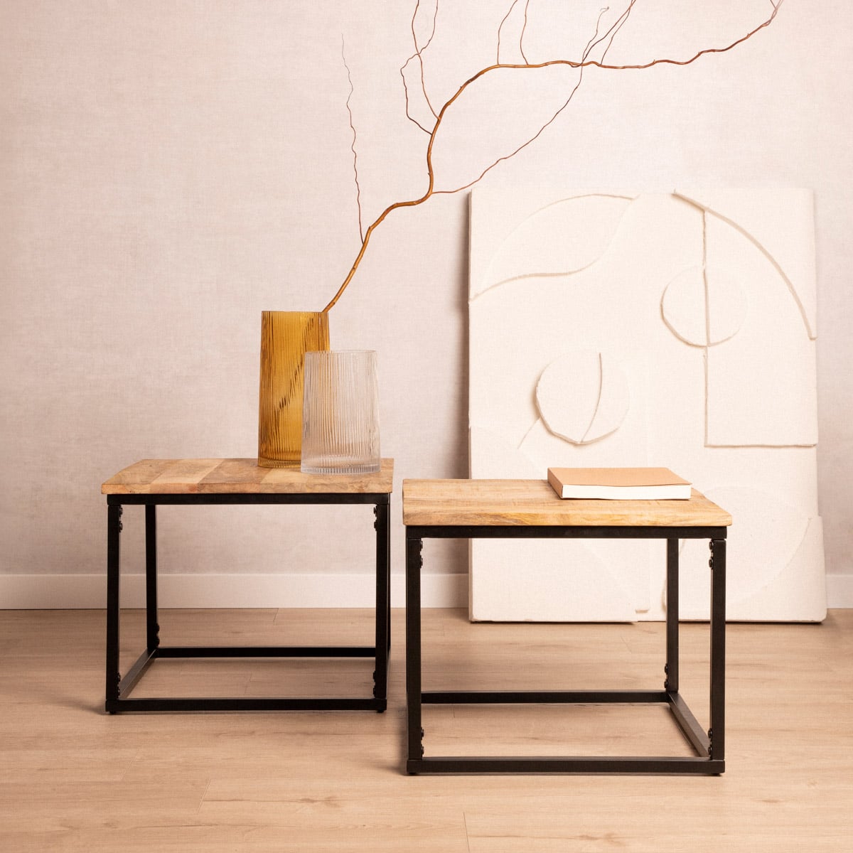 Zestaw stolików kawowych MAYA lite drewno mango + metal 110x60x45 cm/50x50x40cm
