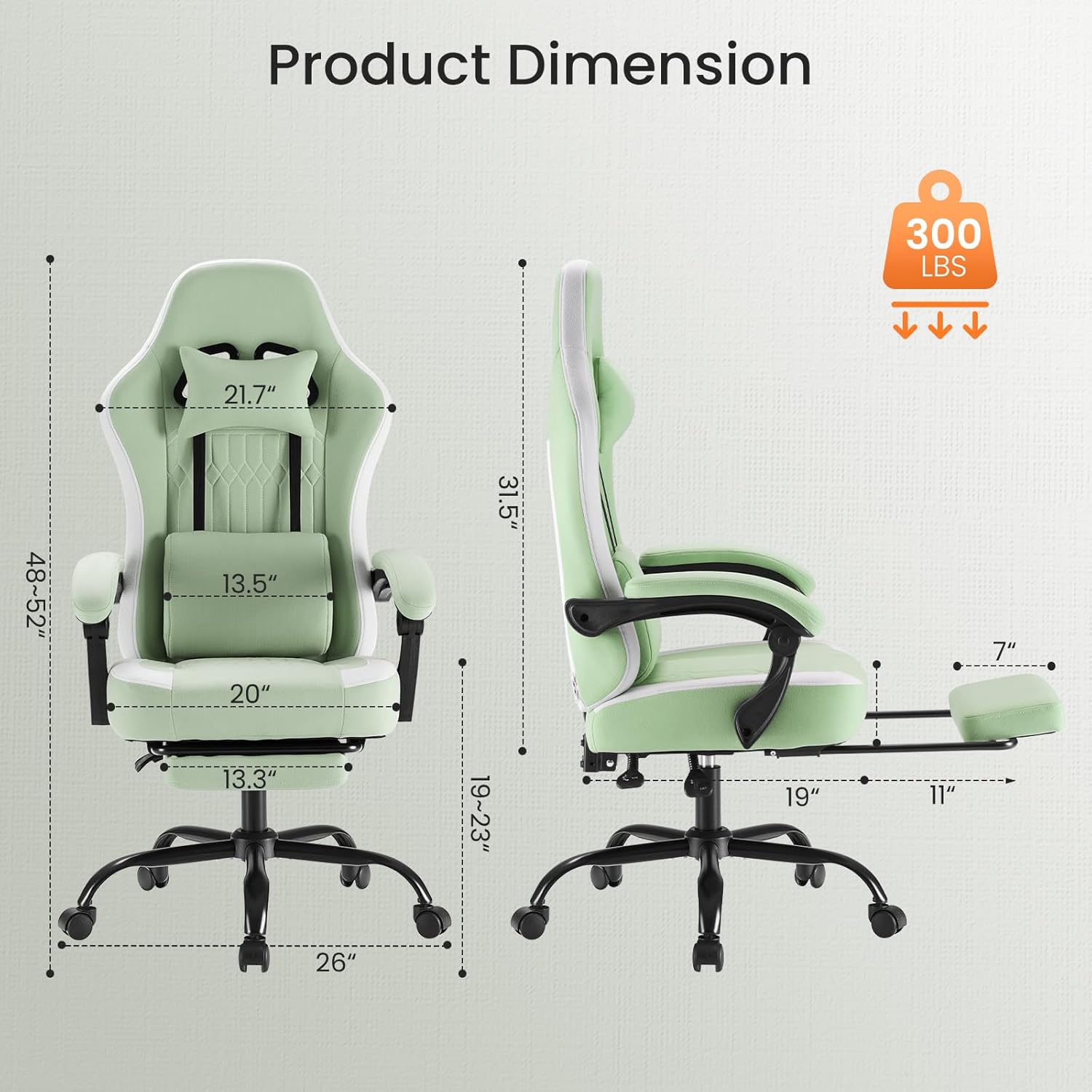 DUMOS Gaming Chair with Linkage Armrests, Video Game Chairs with Pocket Spring Cushion, Ergonomic Computer Silla Gamer Office Desk Chair with Footrest for Adults & Students, Green